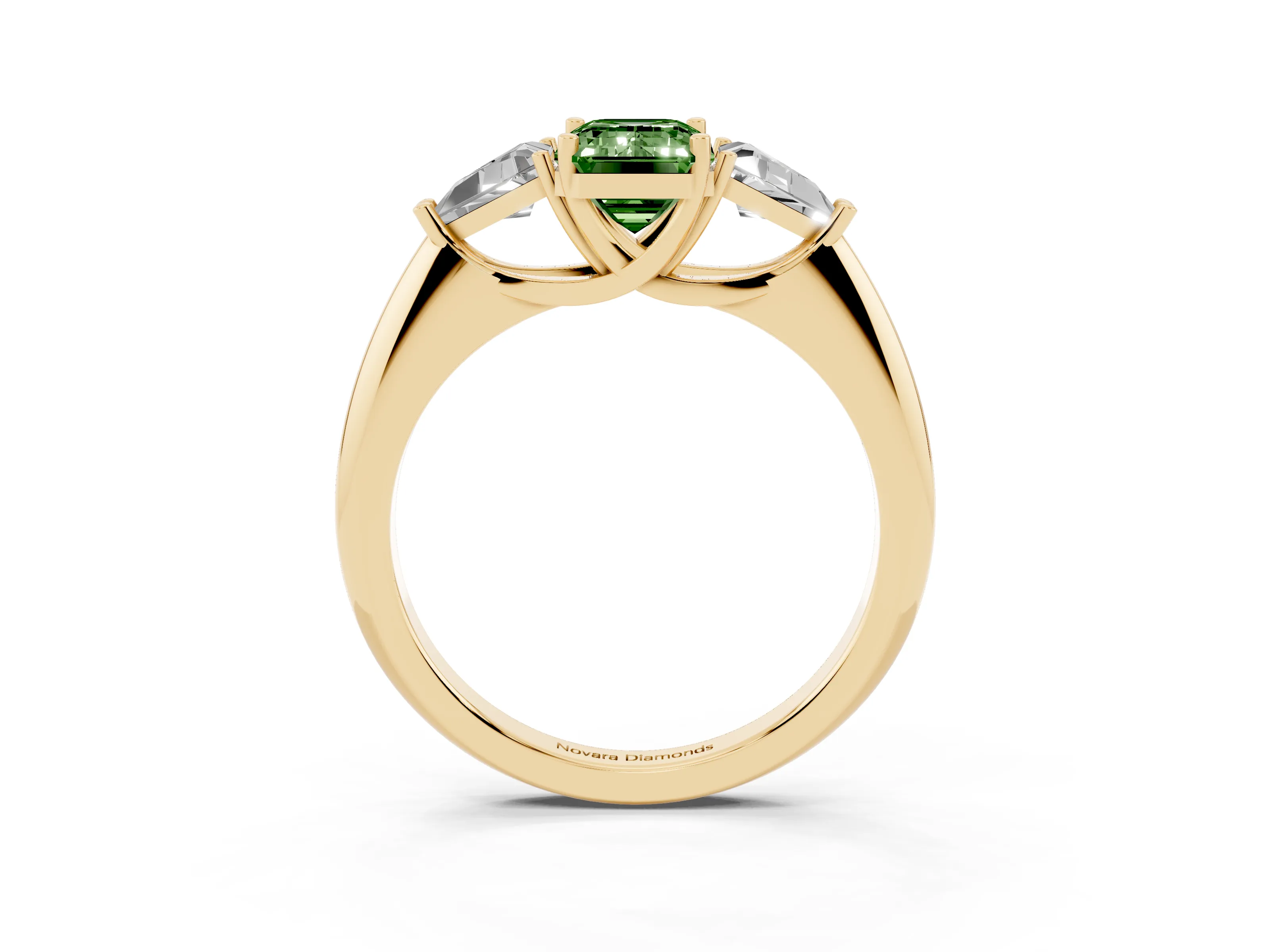 Fancy Green Emerald Cut Diamond Three-Stone Engagement Ring Set in Yellow gold with Trillion Side Stones