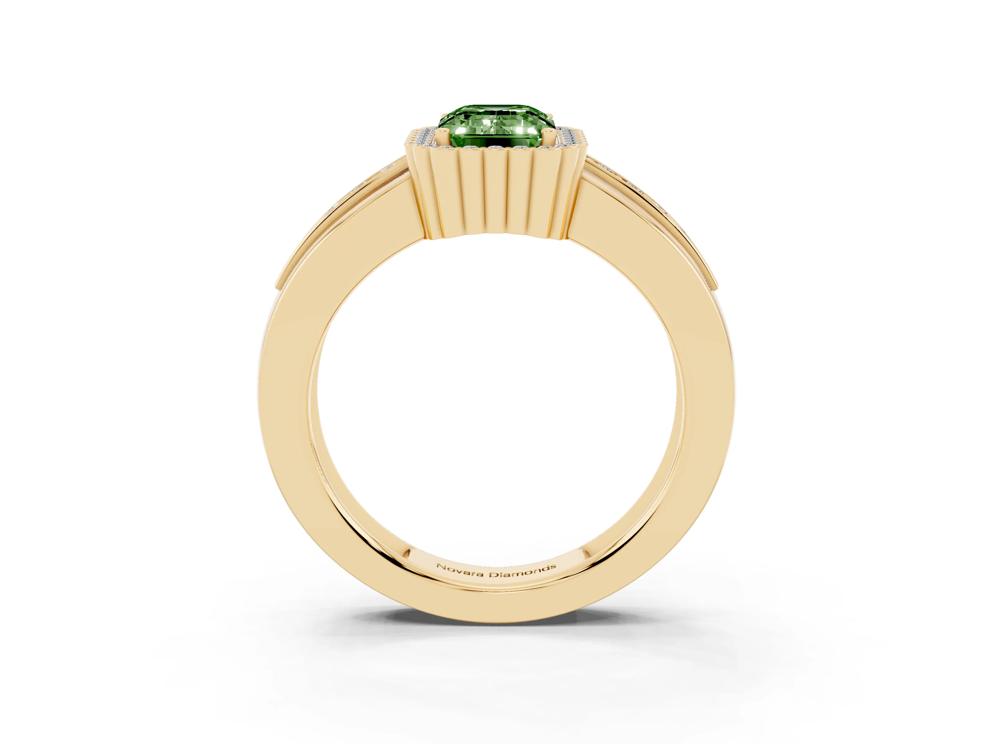 Fancy Green Emerald Cut Diamond Halo Prong Ring Set in Yellow gold with Pavé Band