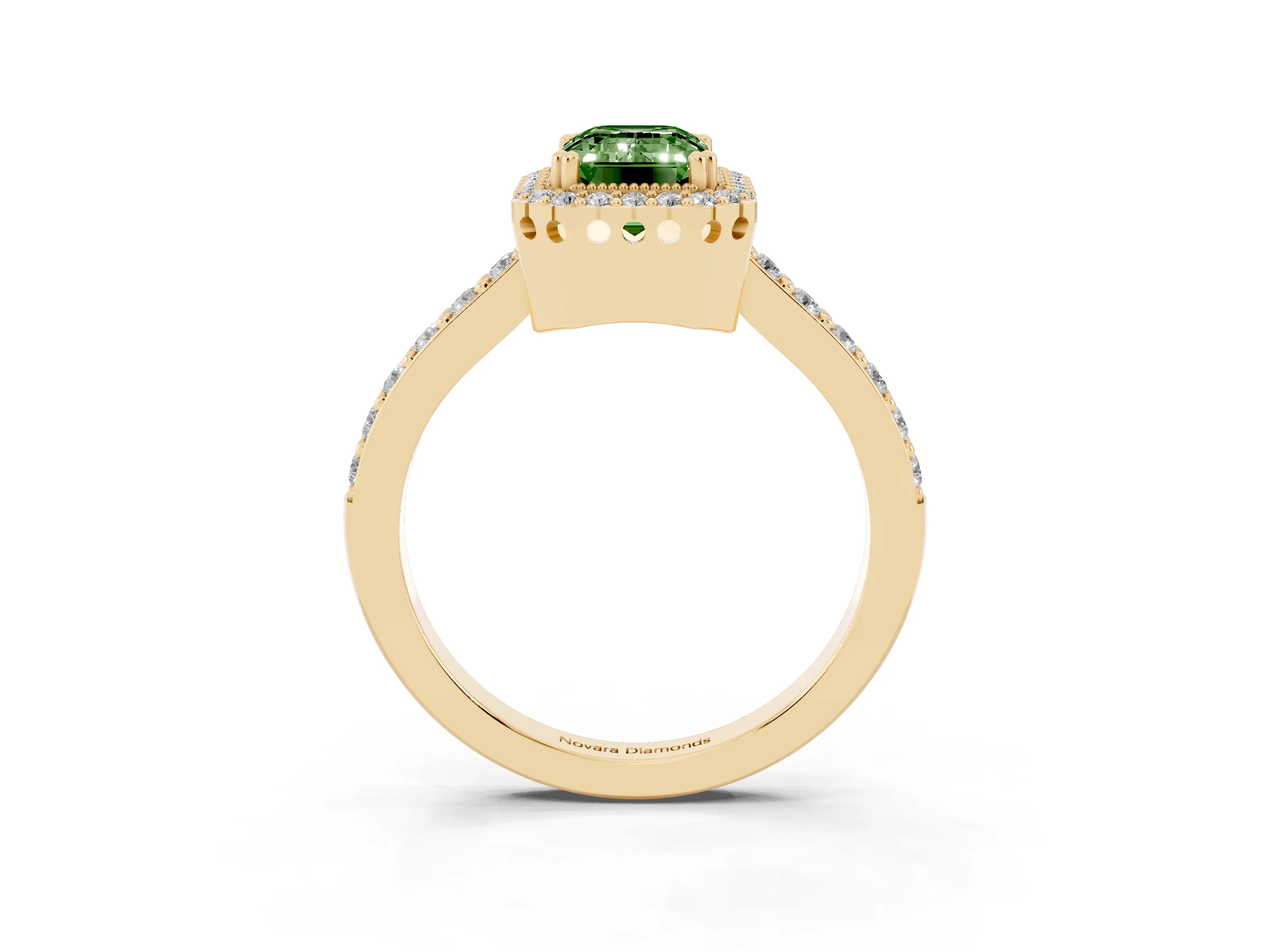 Fancy Green Emerald Cut Diamond Halo Engagement Ring Set in Yellow gold with Milgrain Detail and Pavé Band