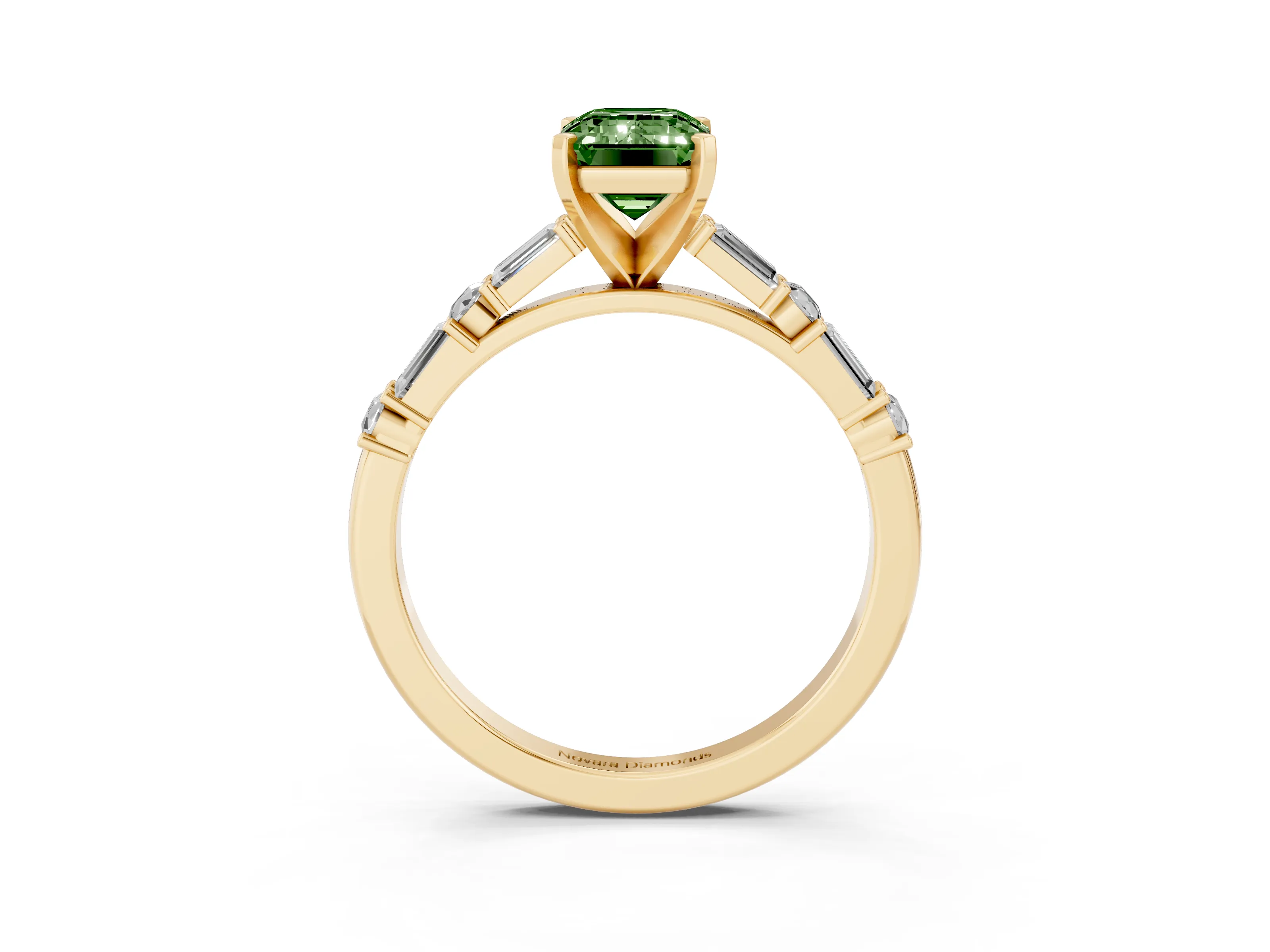Fancy Green Emerald Cut Diamond Solitaire Set in Yellow gold with Side Baguettes and Channel Set Band