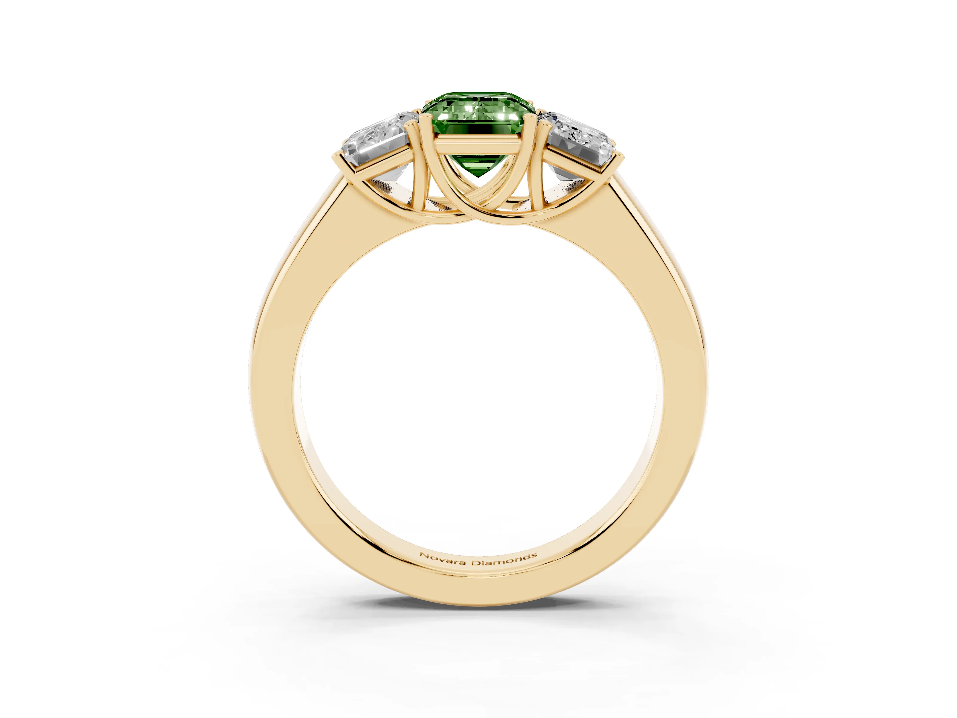 Fancy Green Three-Stone Emerald Cut Diamond Ring Set in Yellow gold with Matching Prong Settings and Plain Band