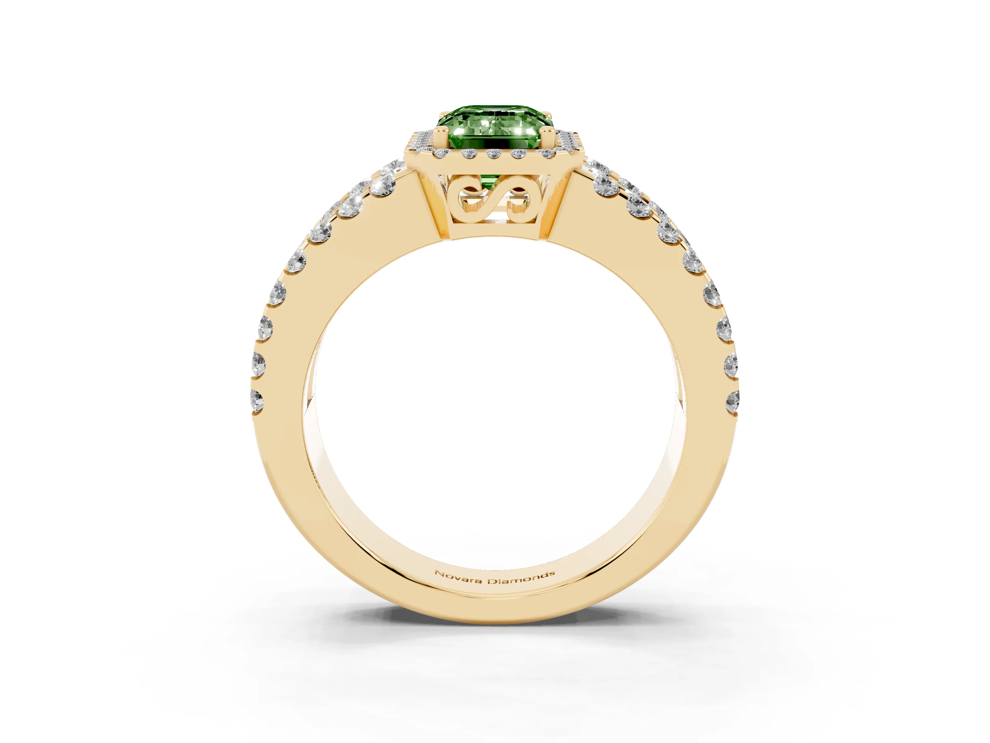 Fancy Green Emerald Cut Diamond Halo Ring Set in Yellow gold with Pavé Split Shank and Prong Setting