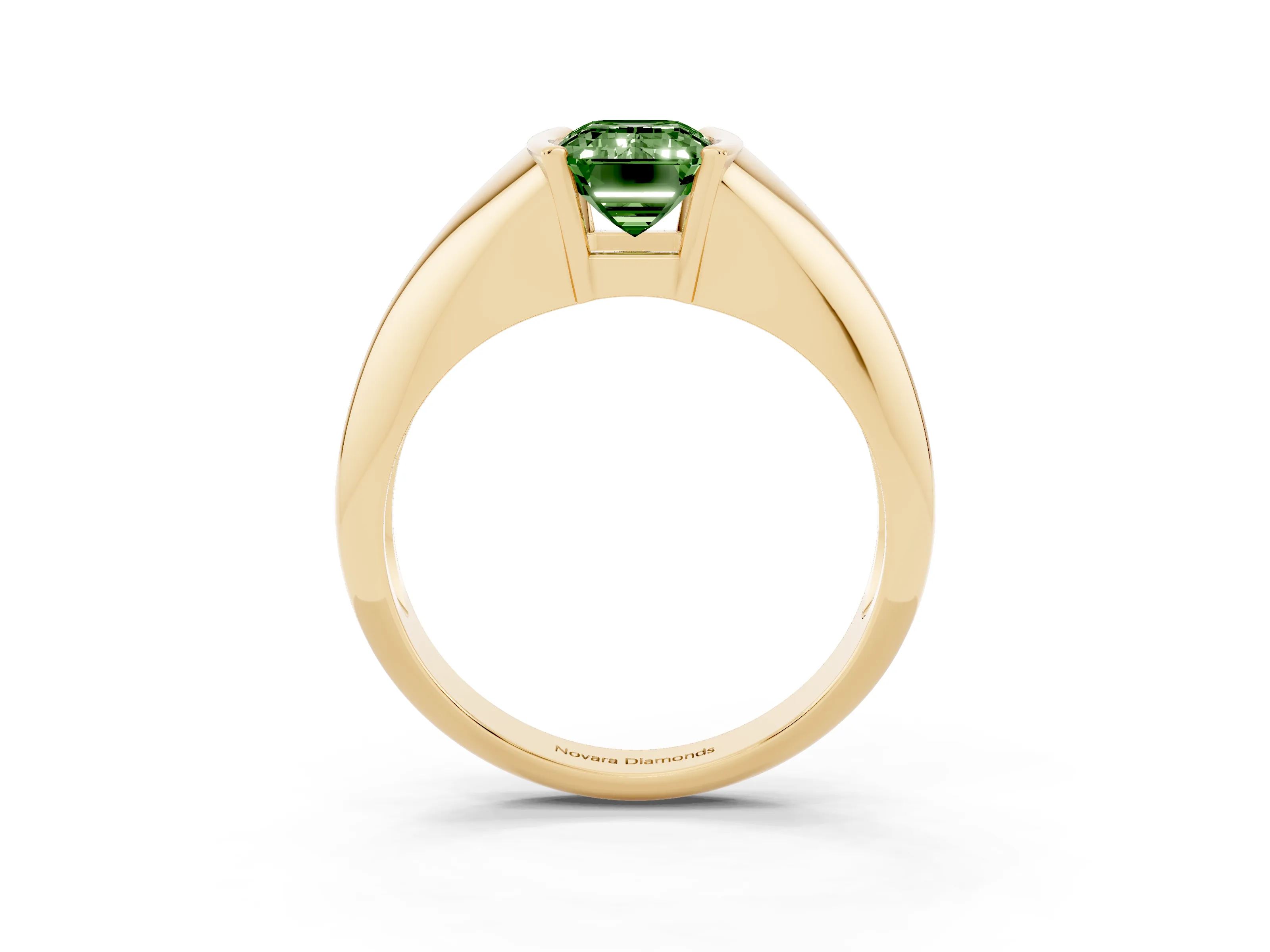 Fancy Green Emerald Cut Diamond Solitaire Tension Set Ring Set in Yellow gold