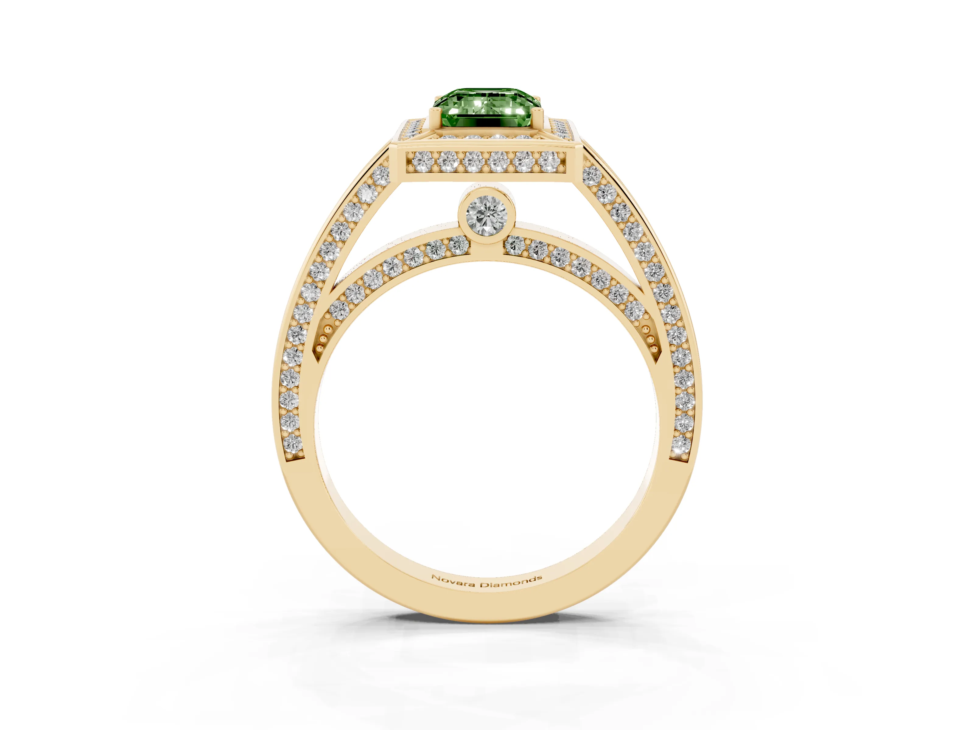 Fancy Green Emerald Cut Diamond Halo Pavé Split Shank Ring Set in Yellow gold with Prong Setting