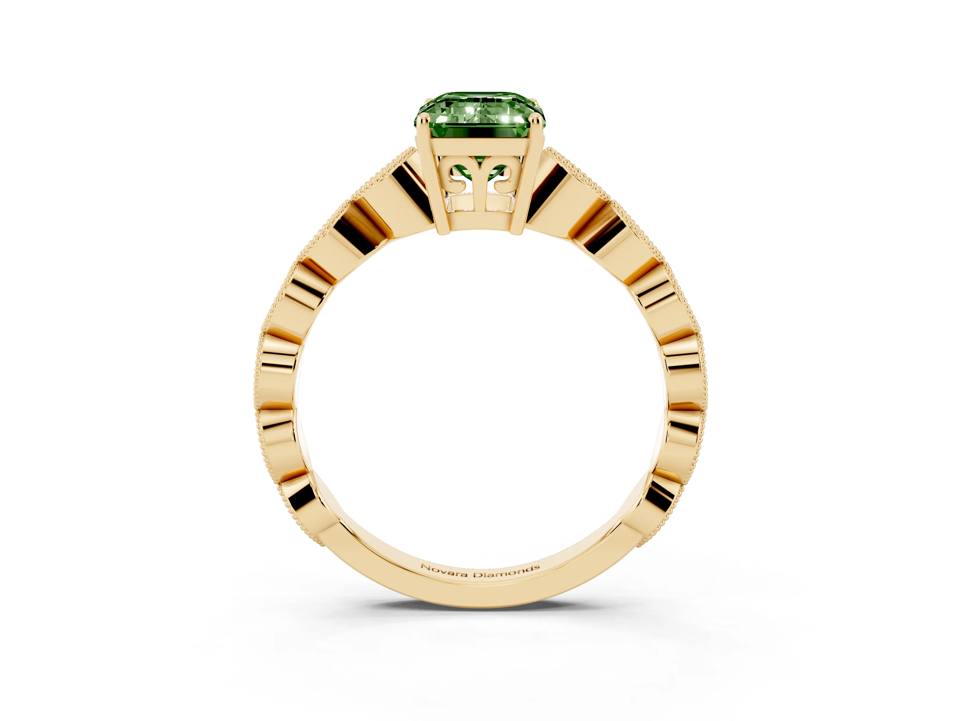 Fancy Green Emerald Cut Diamond Solitaire Ring Set in Yellow gold with Infinity Twist Pavé Band