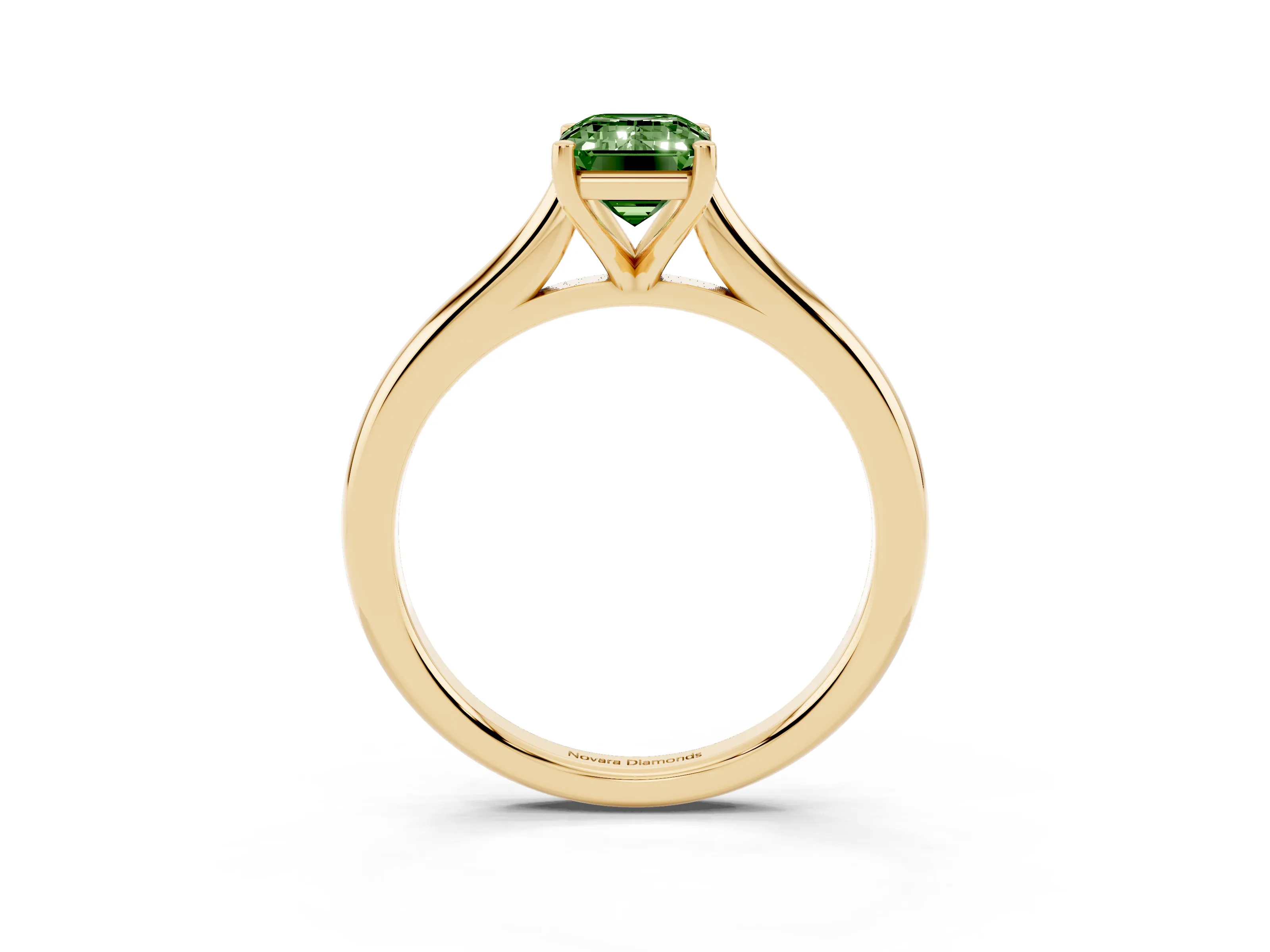 Fancy Green Emerald Cut Diamond Solitaire Ring Set in Yellow gold with Cathedral Band and Prong Setting
