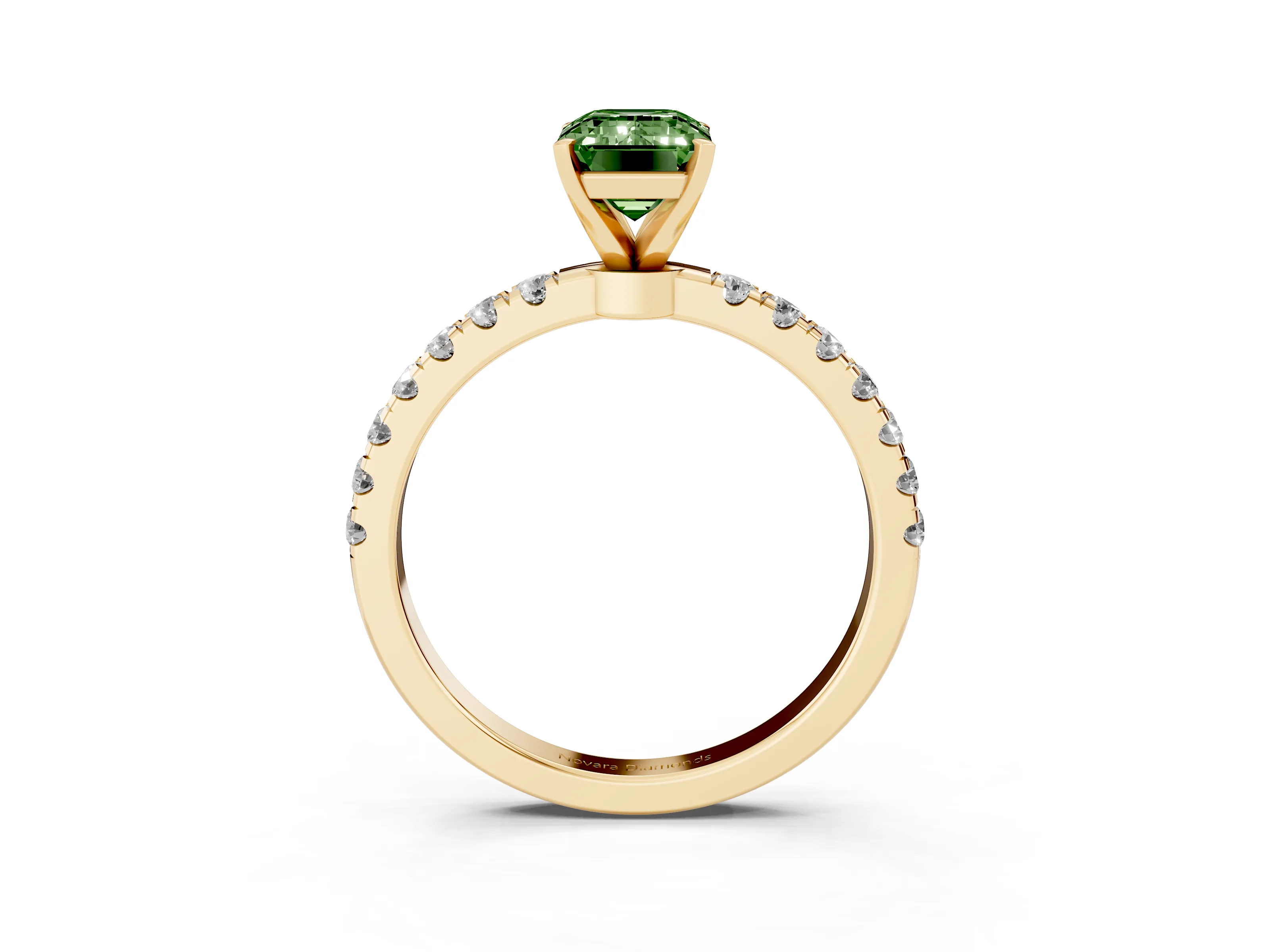 Fancy Green Emerald Cut Diamond Solitaire Ring Set in Yellow gold with Pavé Accents and Prong Setting