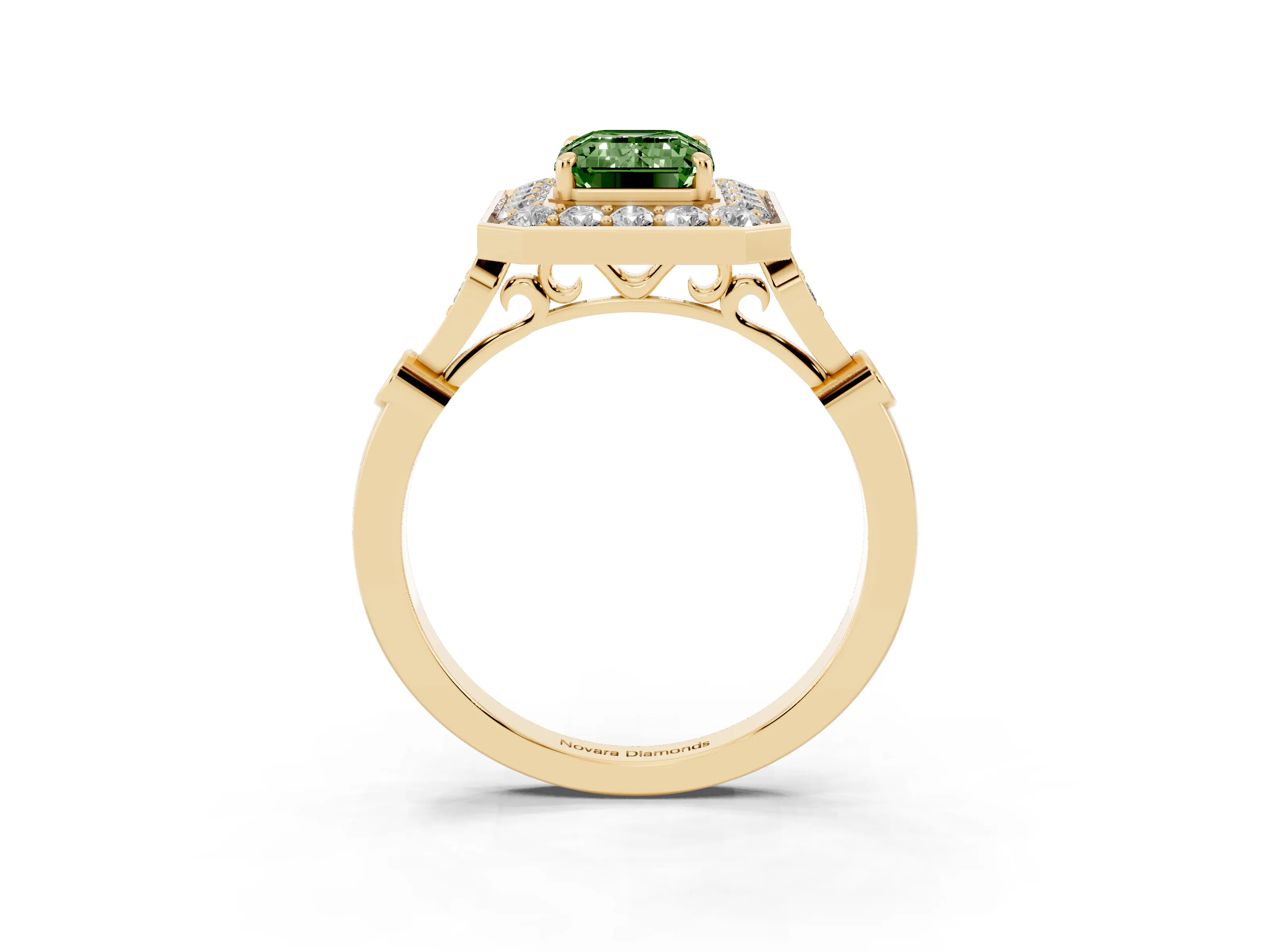 Fancy Green Emerald Cut Diamond Halo Engagement Ring Set in Yellow gold with Twisted Band and Prong Setting