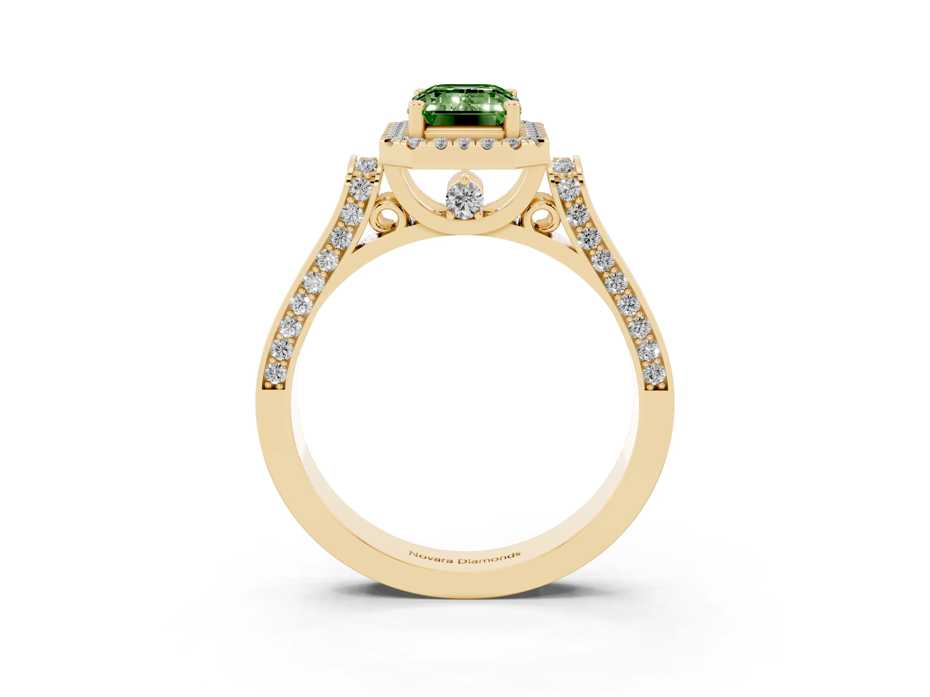 Fancy Green Emerald Cut Diamond Halo Ring Set in Yellow gold with Pavé-Lined Split Shank Band