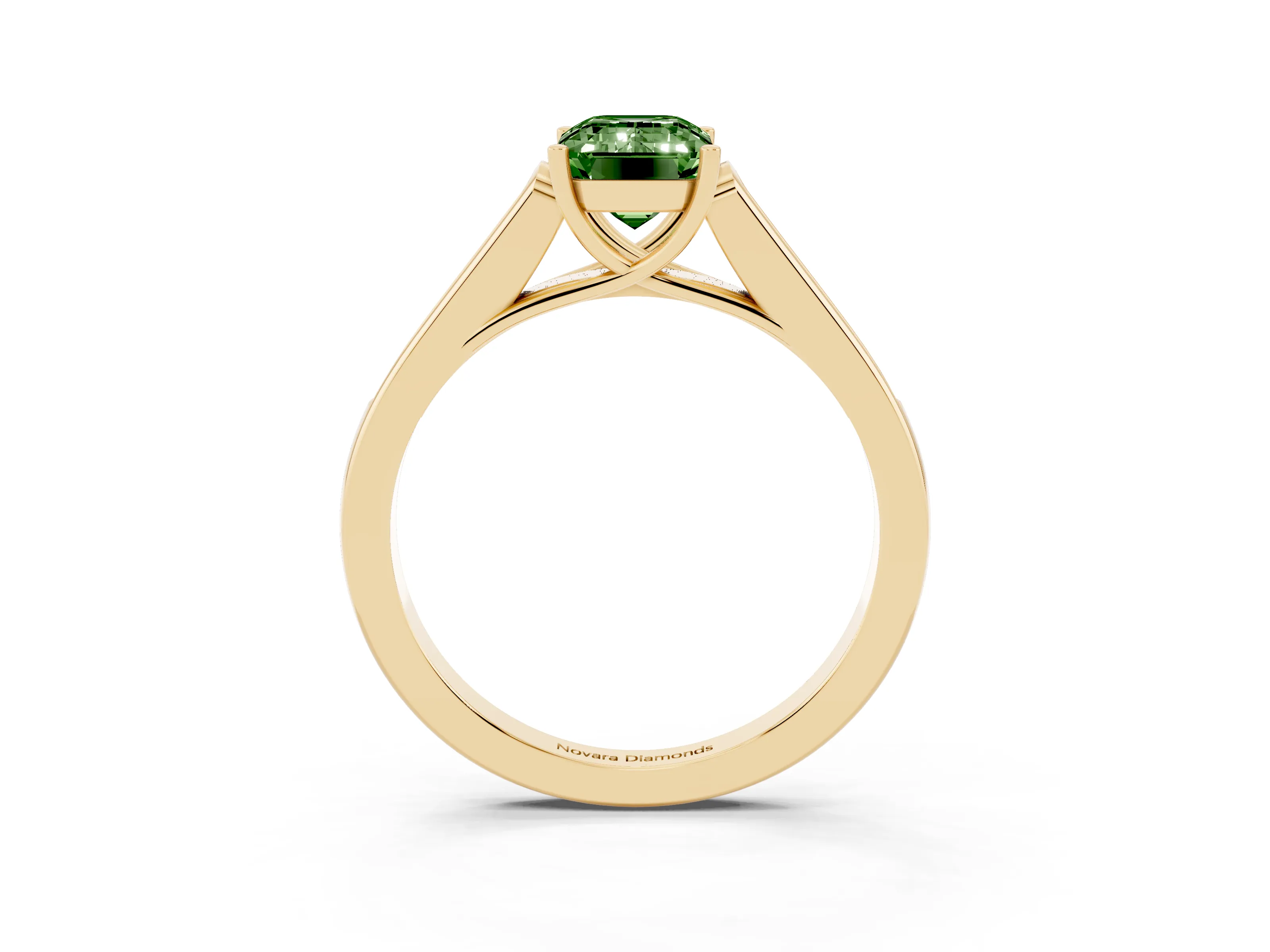 Fancy Green Emerald Cut Diamond Solitaire Cathedral Engagement Ring Set in Yellow gold with Channel-Set Band and Prong Setting