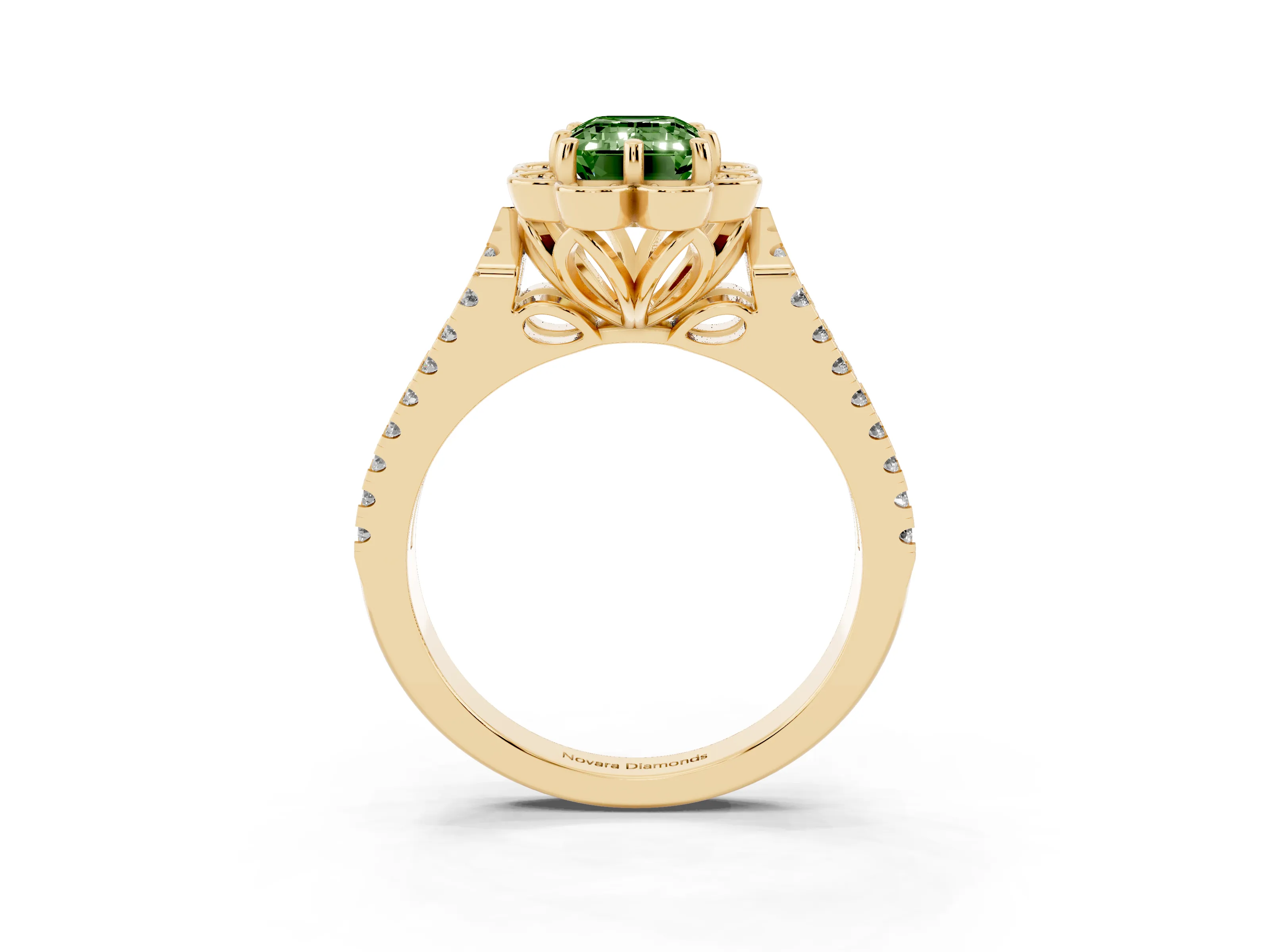 Fancy Green Emerald Cut Diamond Floral Halo Split Shank Engagement Ring Set in Yellow gold with Pavé Shank