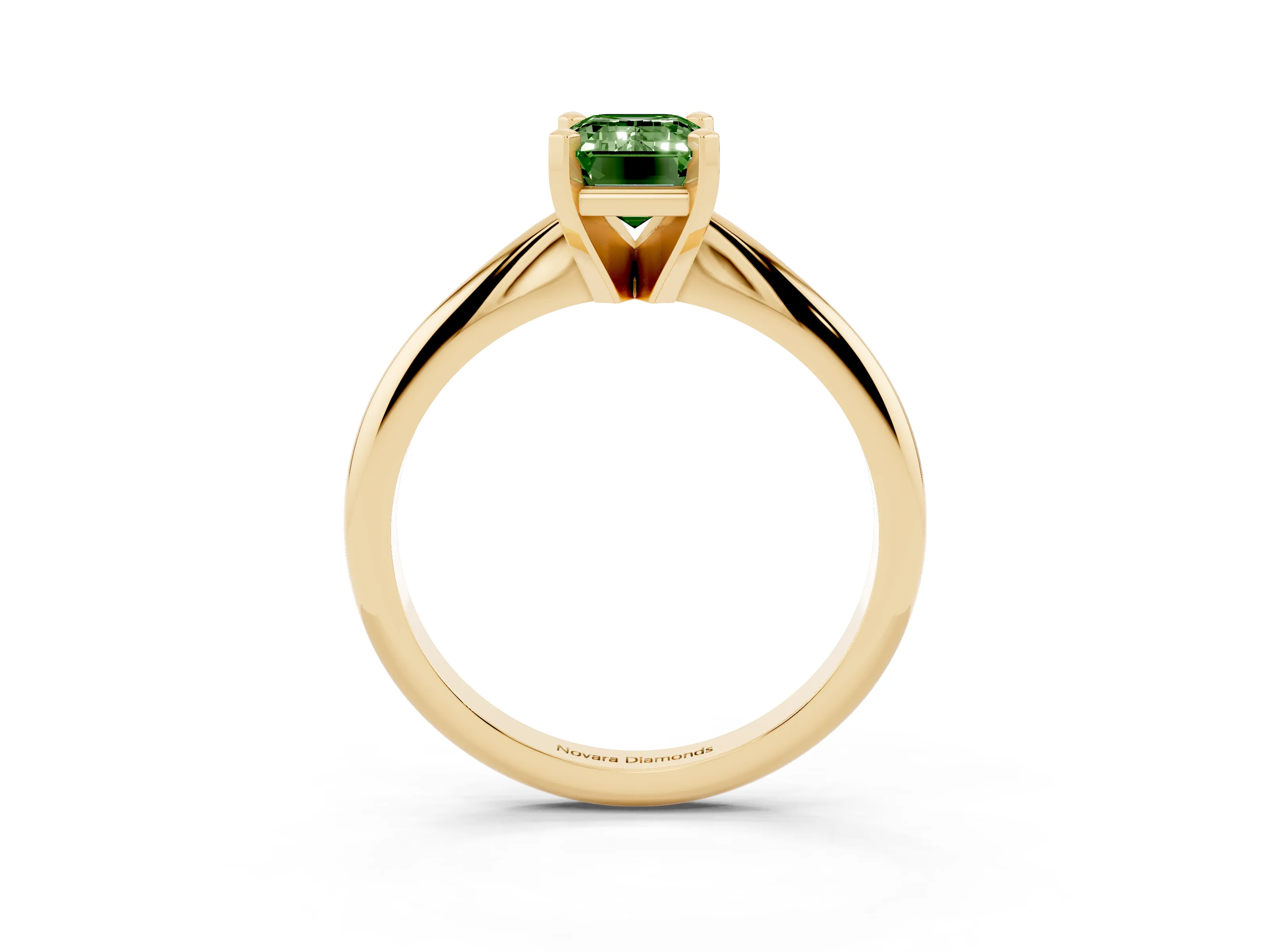 Fancy Green Emerald Cut Diamond Solitaire Ring Set in Yellow gold with Prong Setting on a Plain Round Band