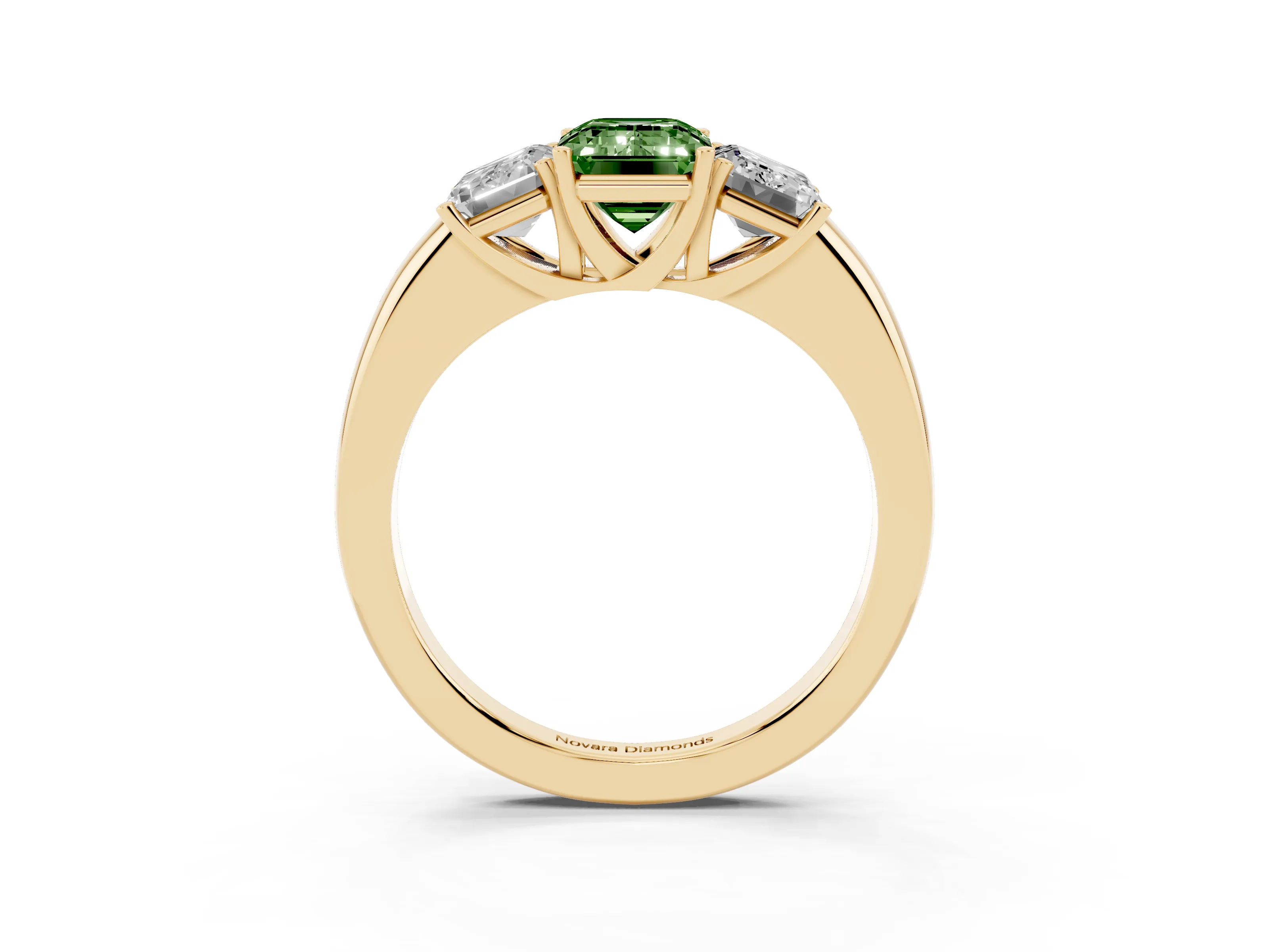 Fancy Green Emerald Cut Diamond Three-Stone Ring Set in Yellow gold with Bold Center and Classic Band