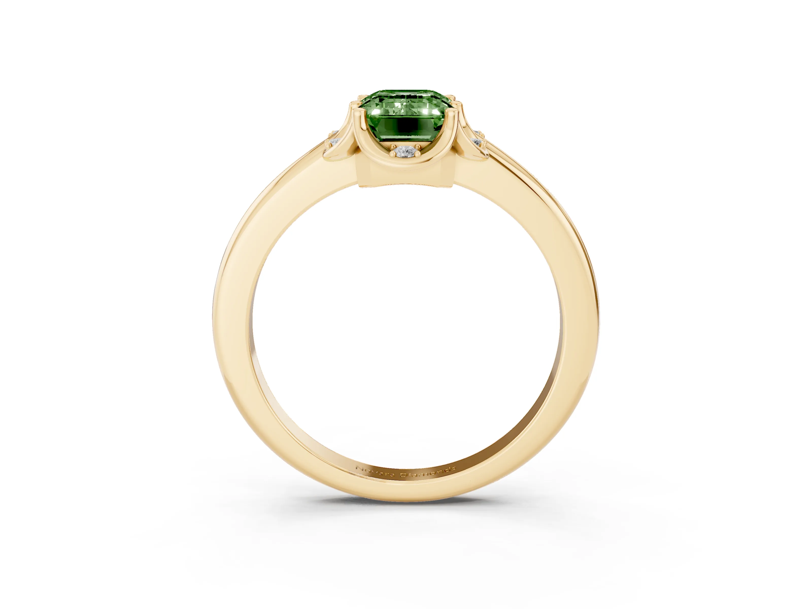 Fancy Green Emerald Cut Diamond Round Cluster Halo Ring Set in Yellow gold with Solitaire Band and Prong Setting