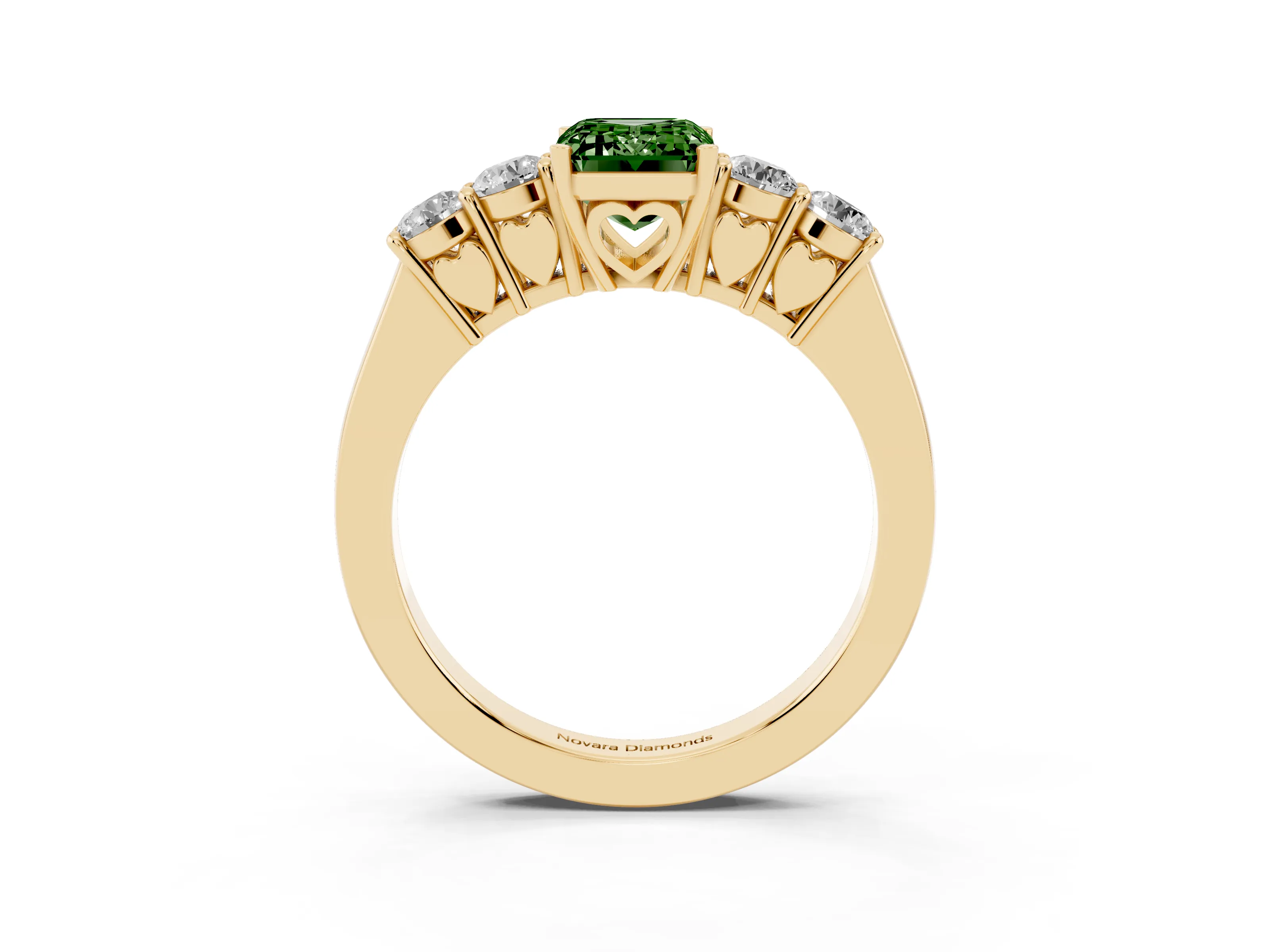 Fancy Green Emerald Cut Diamond Five-Stone Prong Set Band Ring Set in Yellow gold with Polished Band