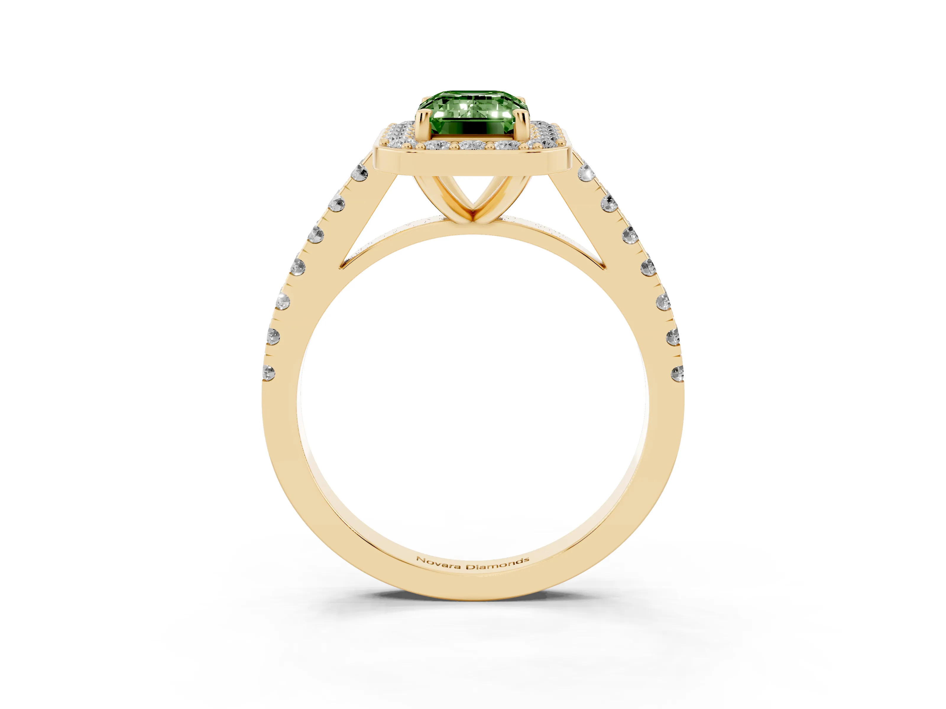 Fancy Green Emerald Cut Diamond Halo Ring Set in Yellow gold with Round Pavé Split Shank and Prong Setting
