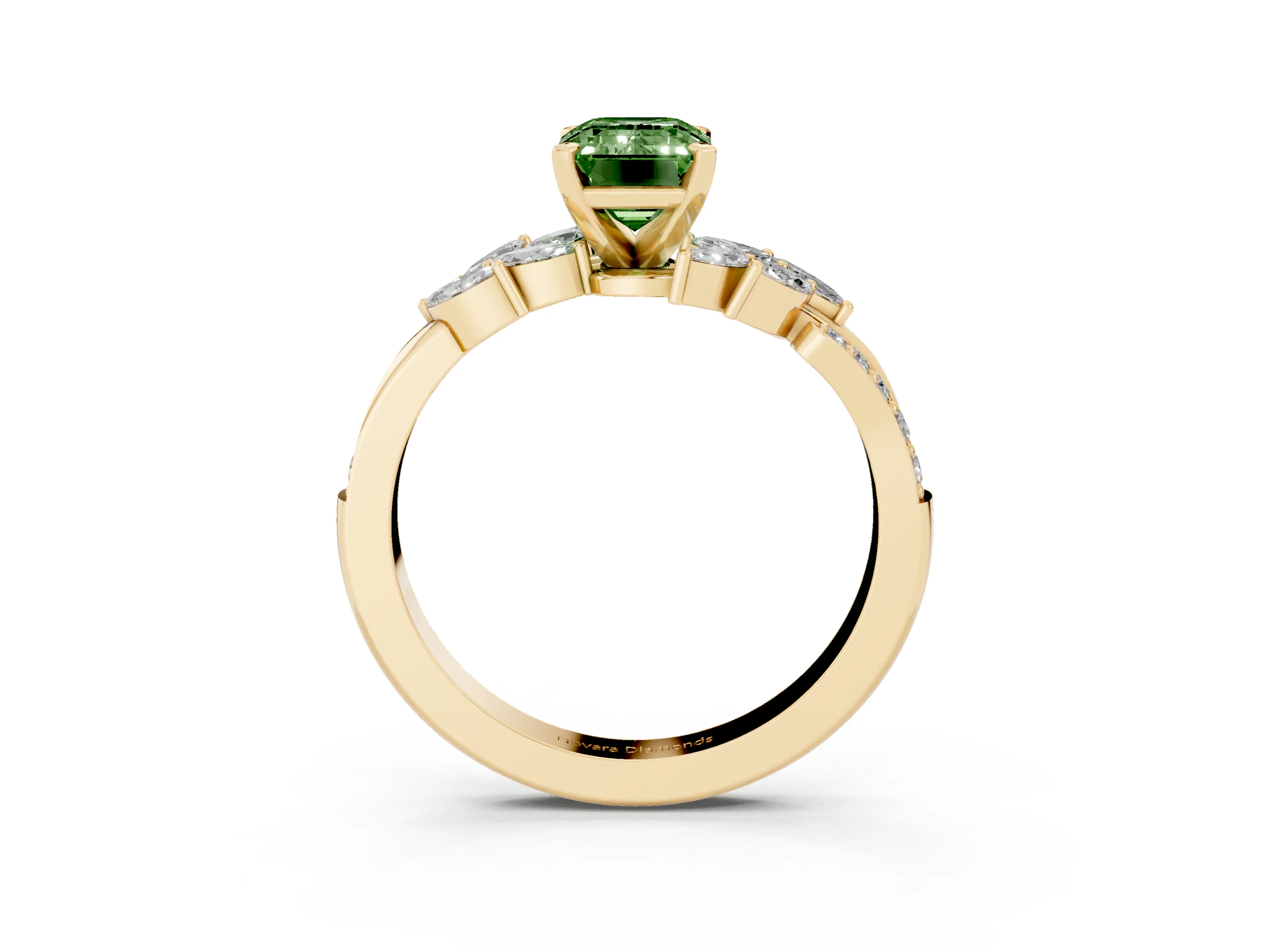 Fancy Green Emerald Cut Diamond Solitaire Ring Set in Yellow gold with Marquise Twist Band and Prong Setting