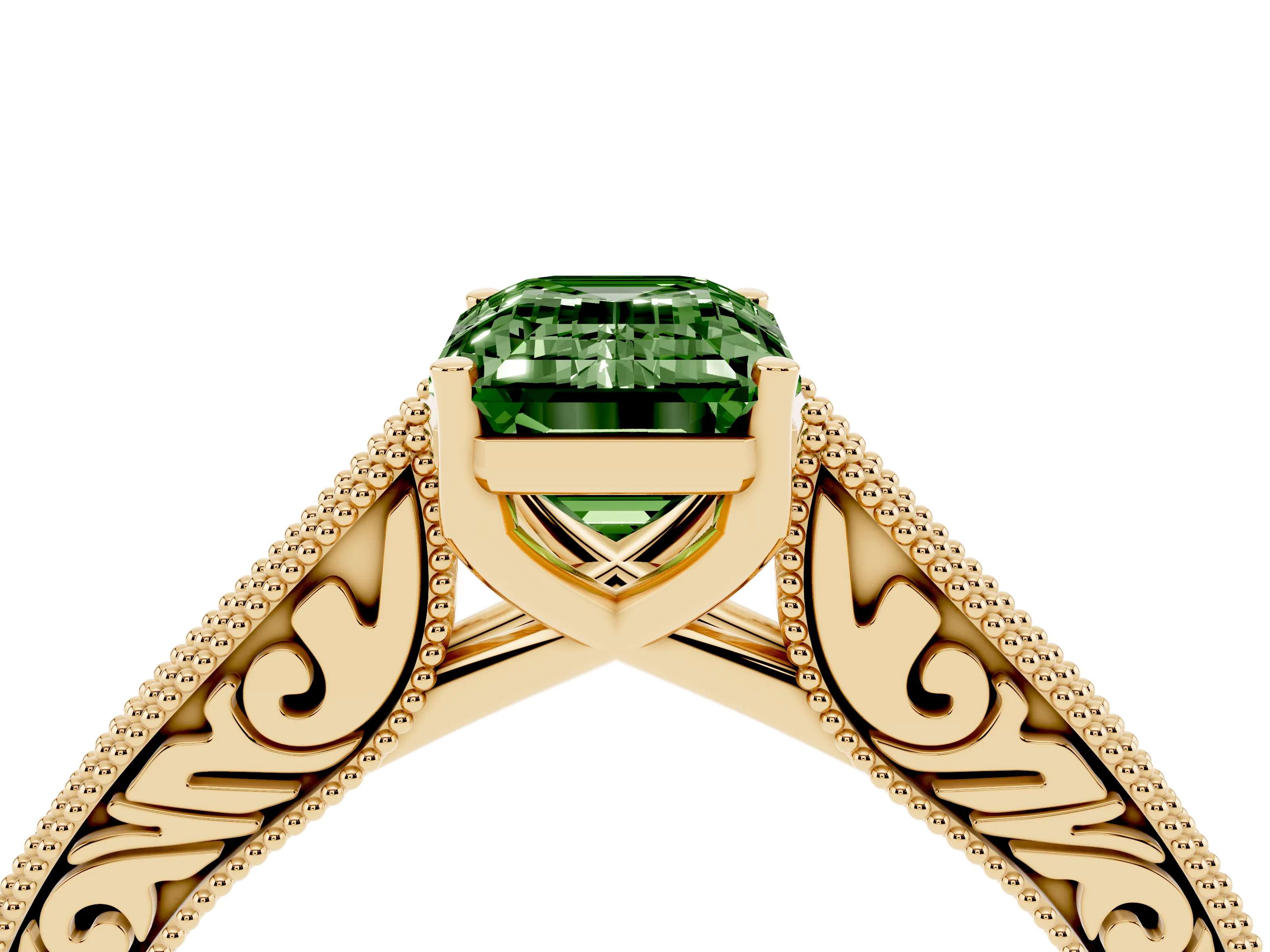 Fancy Green Emerald Cut Diamond Milgrain Pavé Band Solitaire Ring Set in Yellow gold with Prong Setting