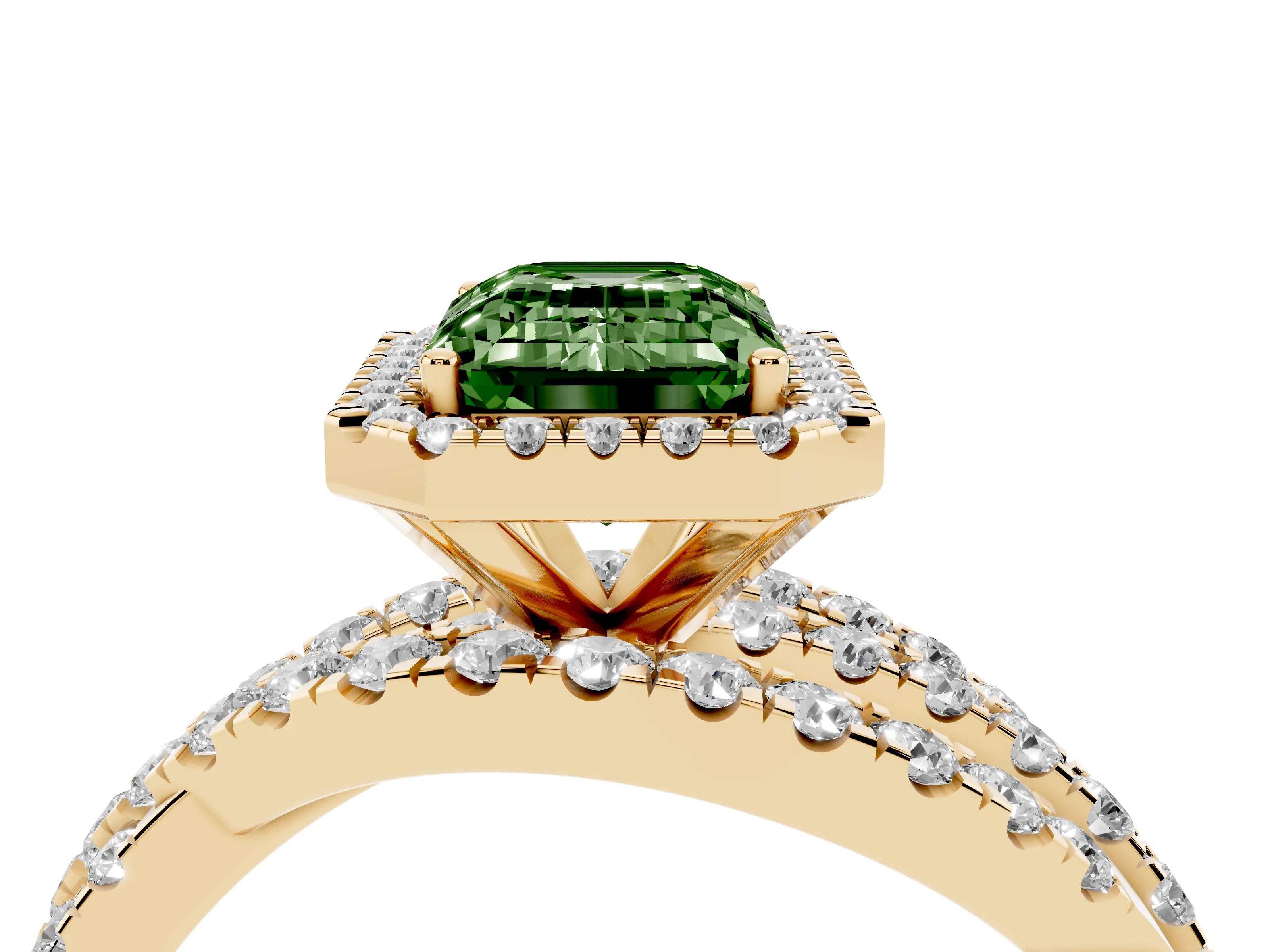 Fancy Green Emerald Cut Diamond Halo Ring Set in Yellow gold with Round Crossover Split Shank and Prong Setting