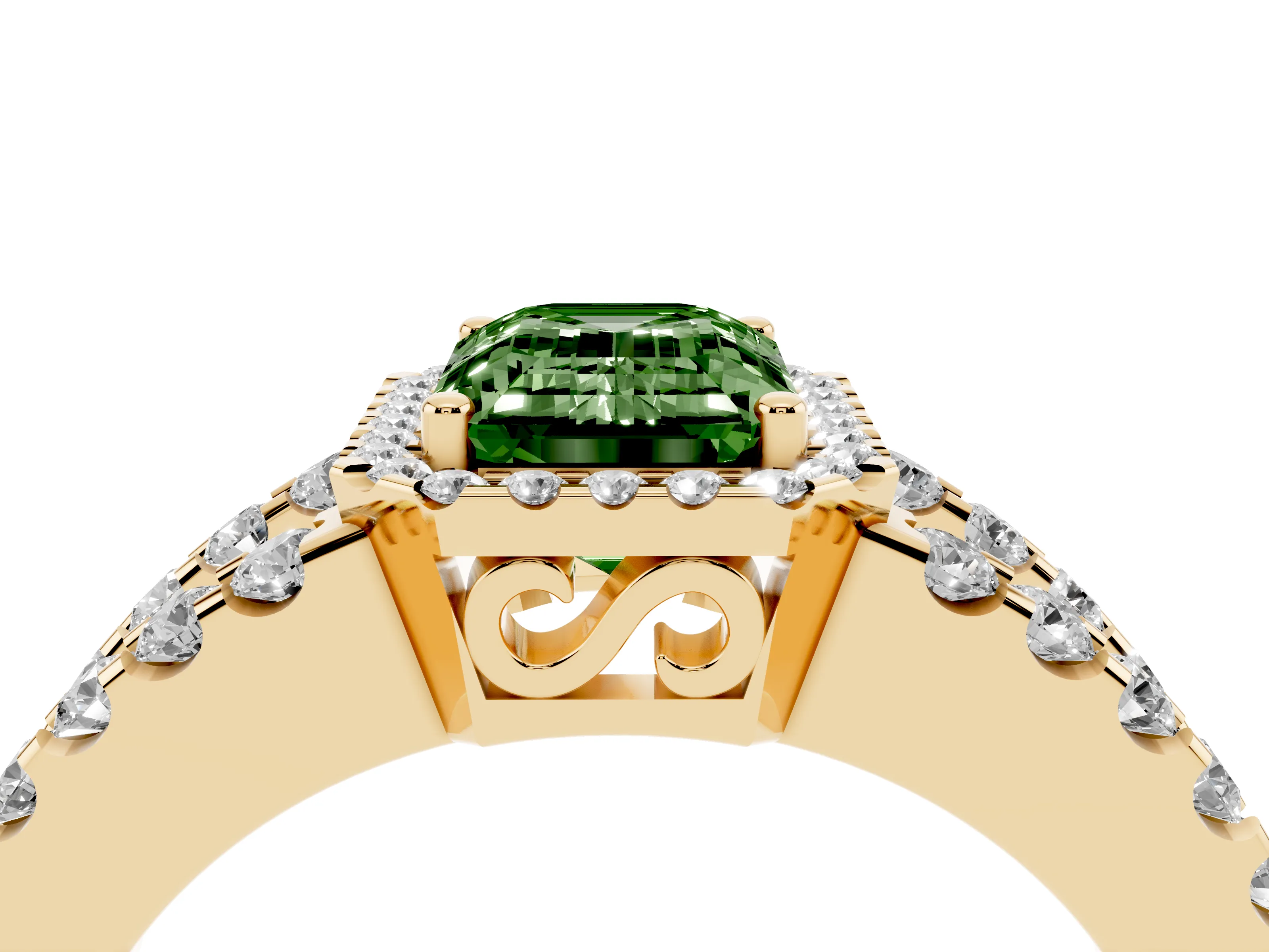 Fancy Green Emerald Cut Diamond Halo Ring Set in Yellow gold with Pavé Split Shank and Prong Setting