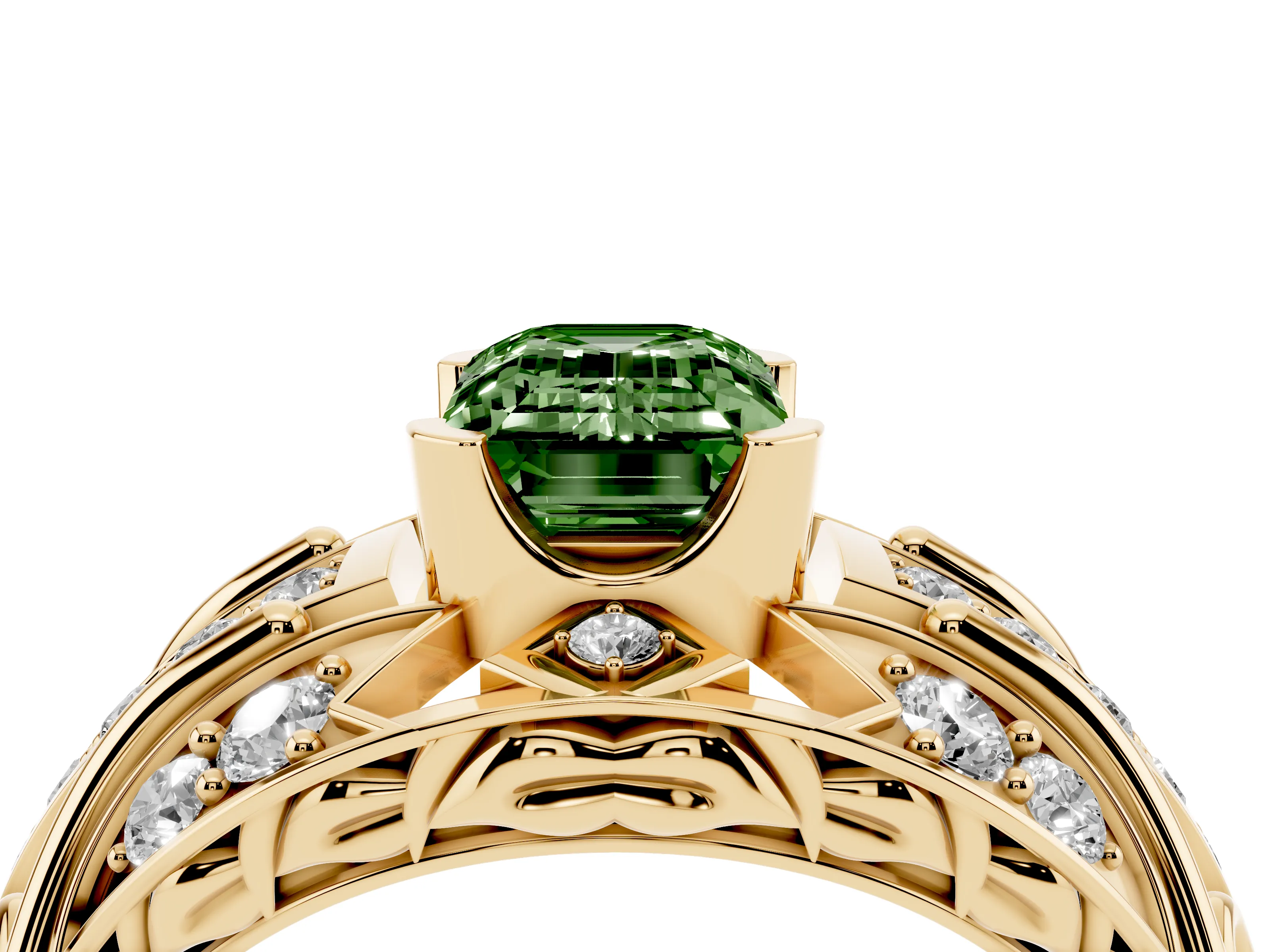 Fancy Green Emerald Cut Diamond Art Deco Ring Set in Yellow gold with Pavé Split Shank