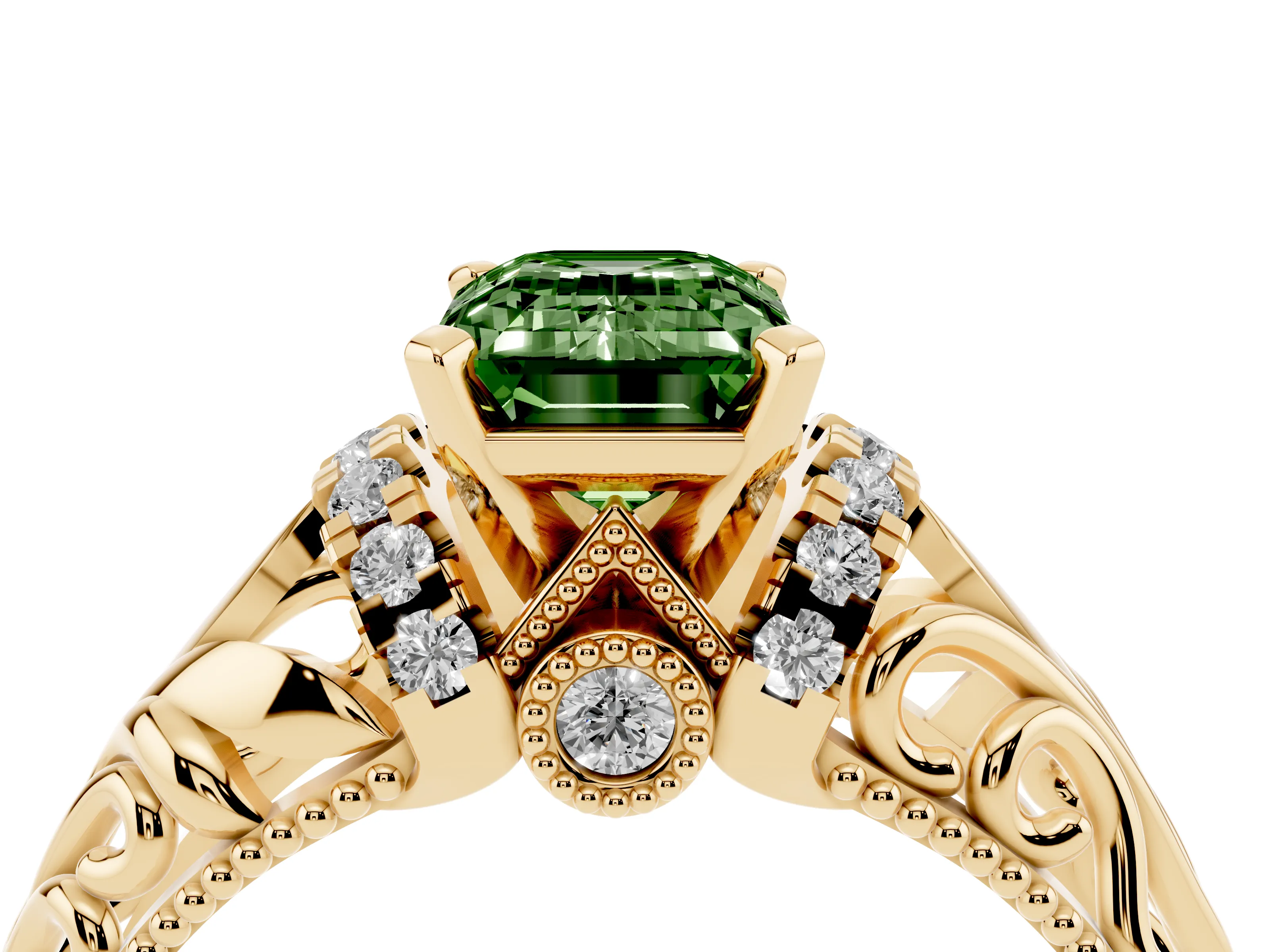 Fancy Green Emerald Cut Diamond Filigree Halo Engagement Ring Set in Yellow gold with Prong Setting