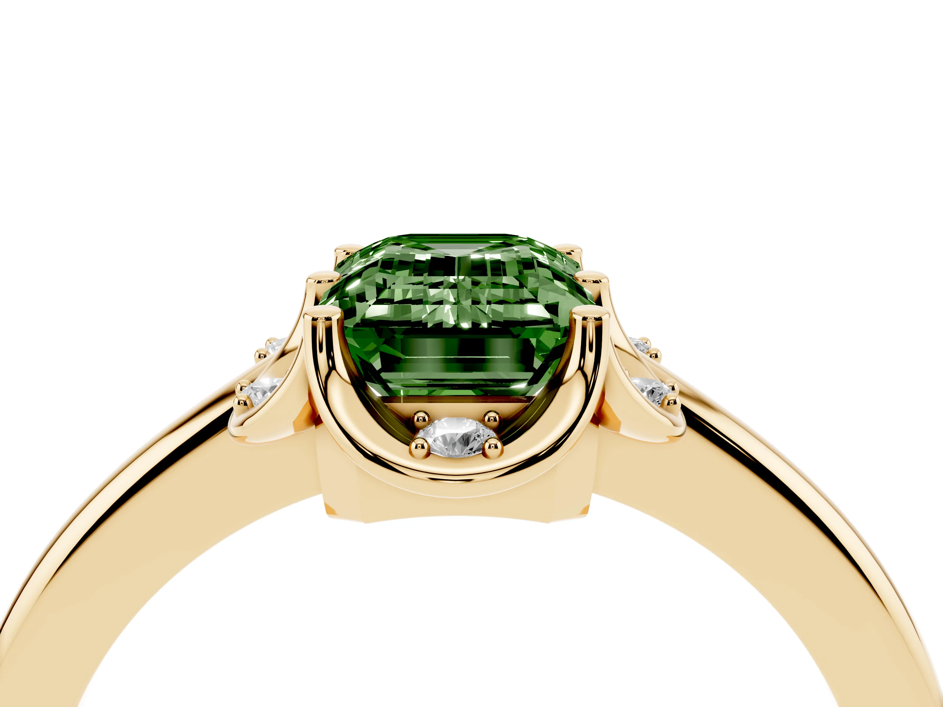 Fancy Green Emerald Cut Diamond Round Cluster Halo Ring Set in Yellow gold with Solitaire Band and Prong Setting