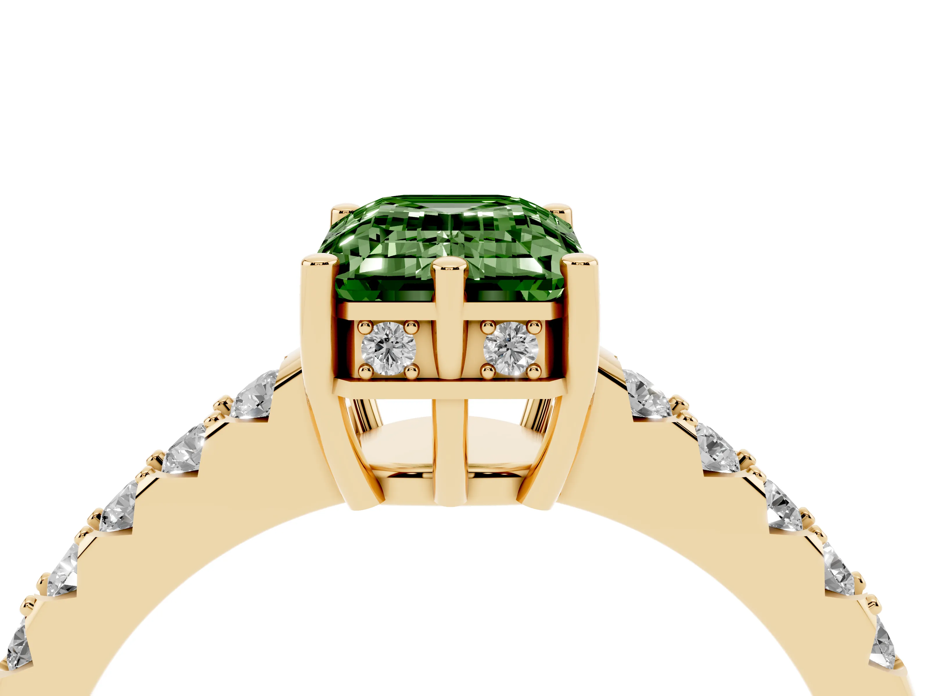 Fancy Green Emerald Cut Diamond Solitaire Engagement Ring Set in Yellow gold with Pavé Band and Prong Setting