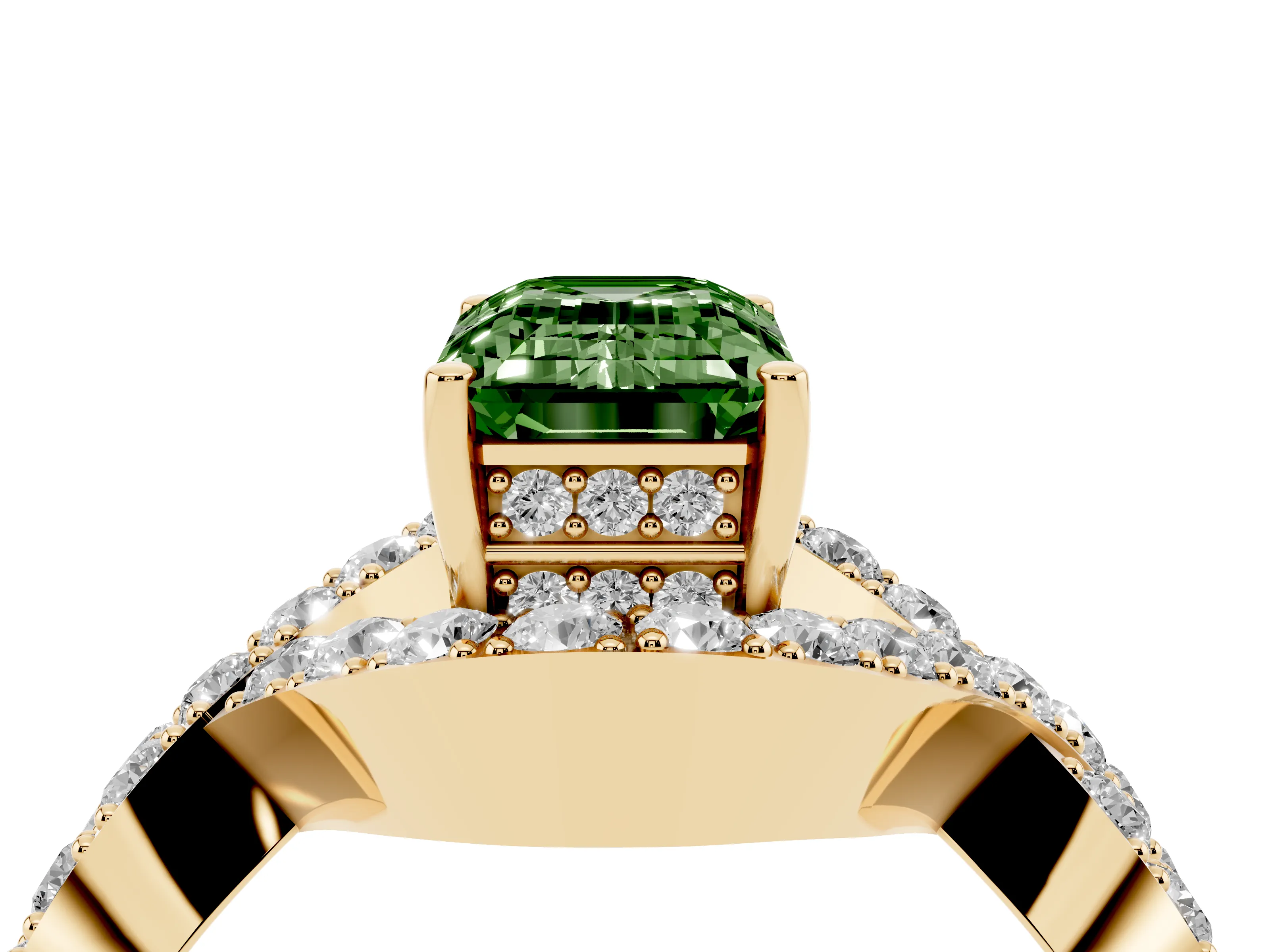 Fancy Green Emerald Cut Diamond Solitaire Twist Band Pavé Engagement Ring Set in Yellow gold