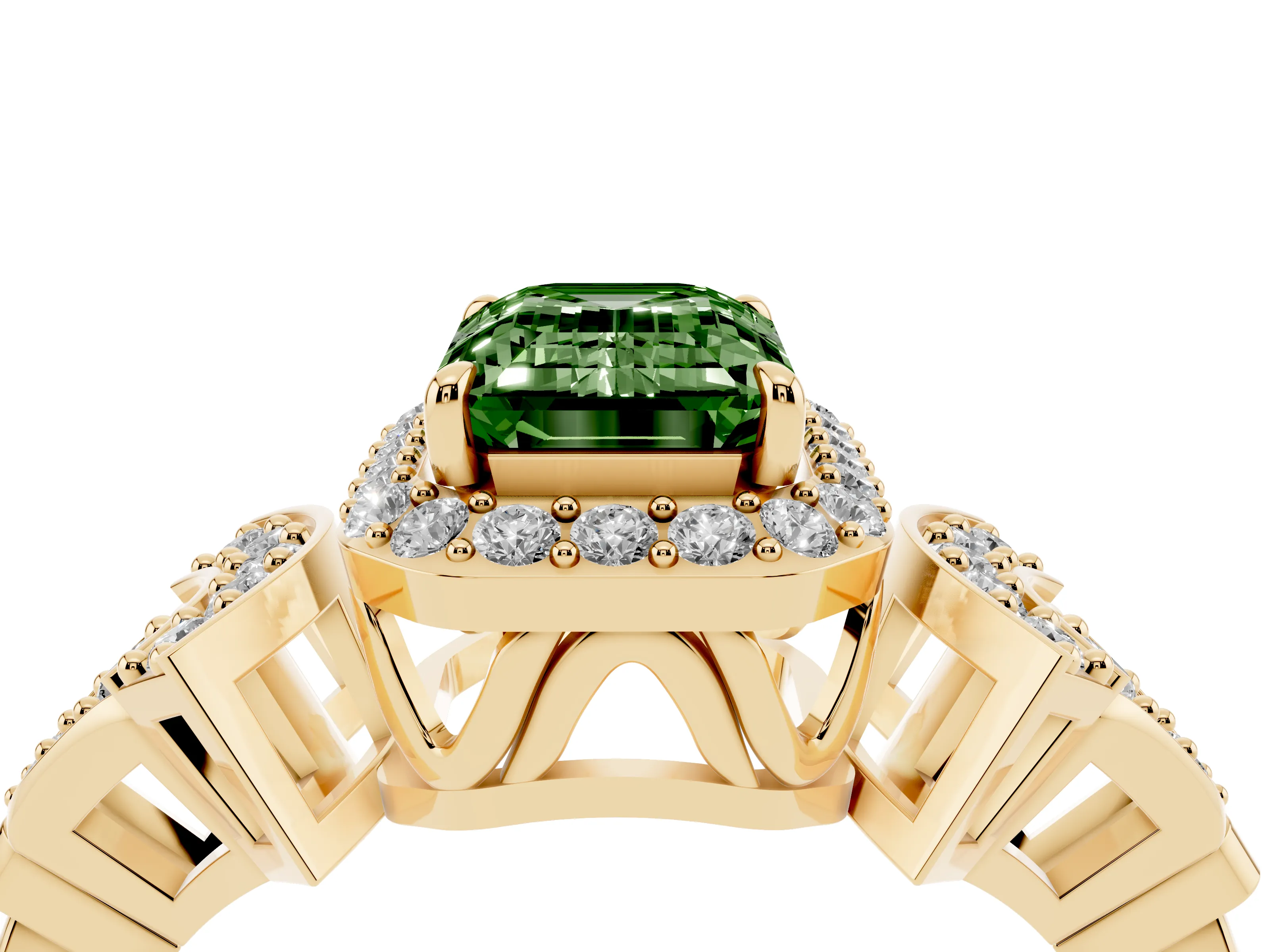 Fancy Green Emerald Cut Diamond Halo Engagement Ring Set in Yellow gold with Accent Stone Split Shank