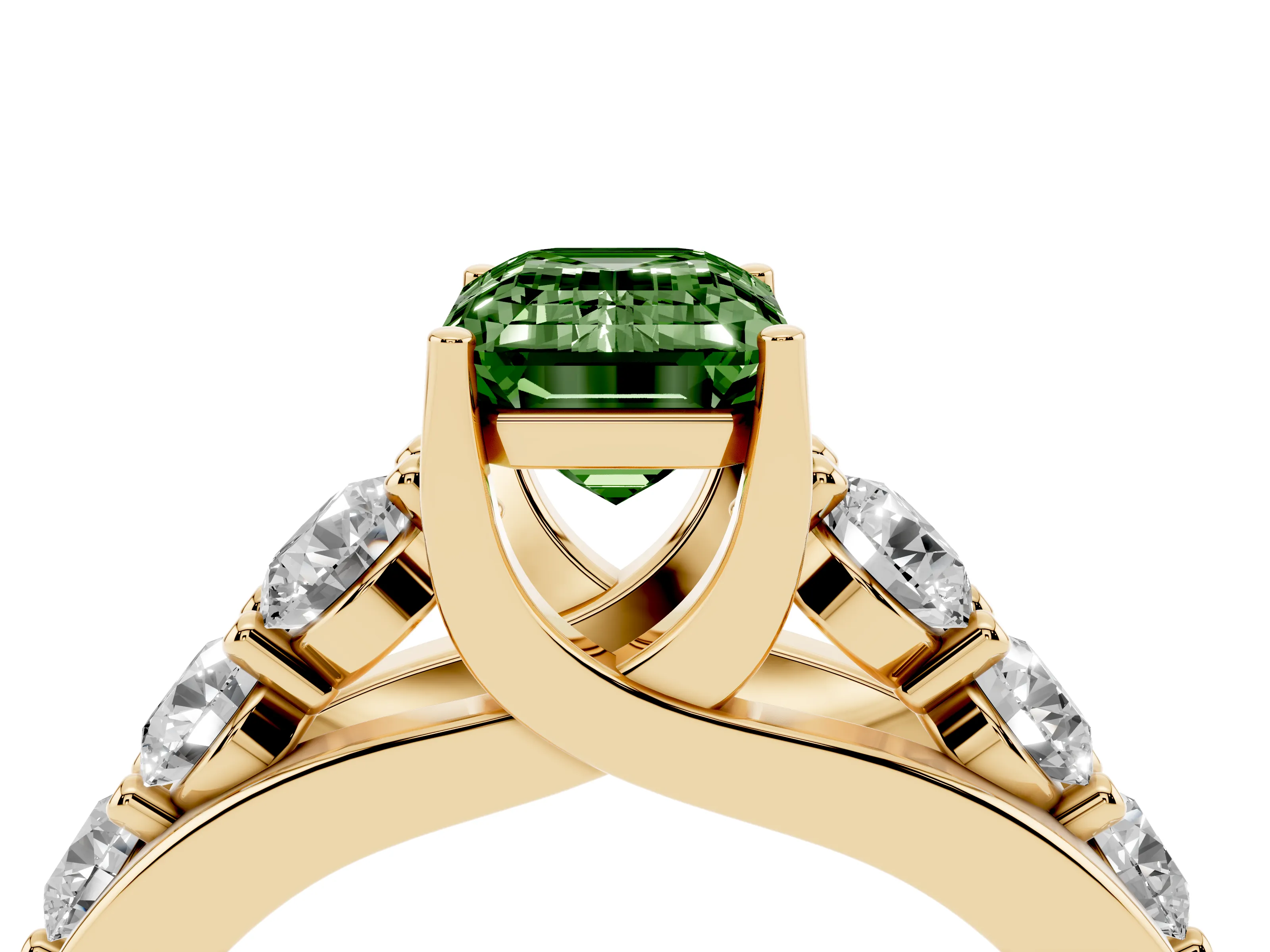Fancy Green Emerald Cut Diamond Pavé Engagement Ring Set in Yellow gold with Prong Setting