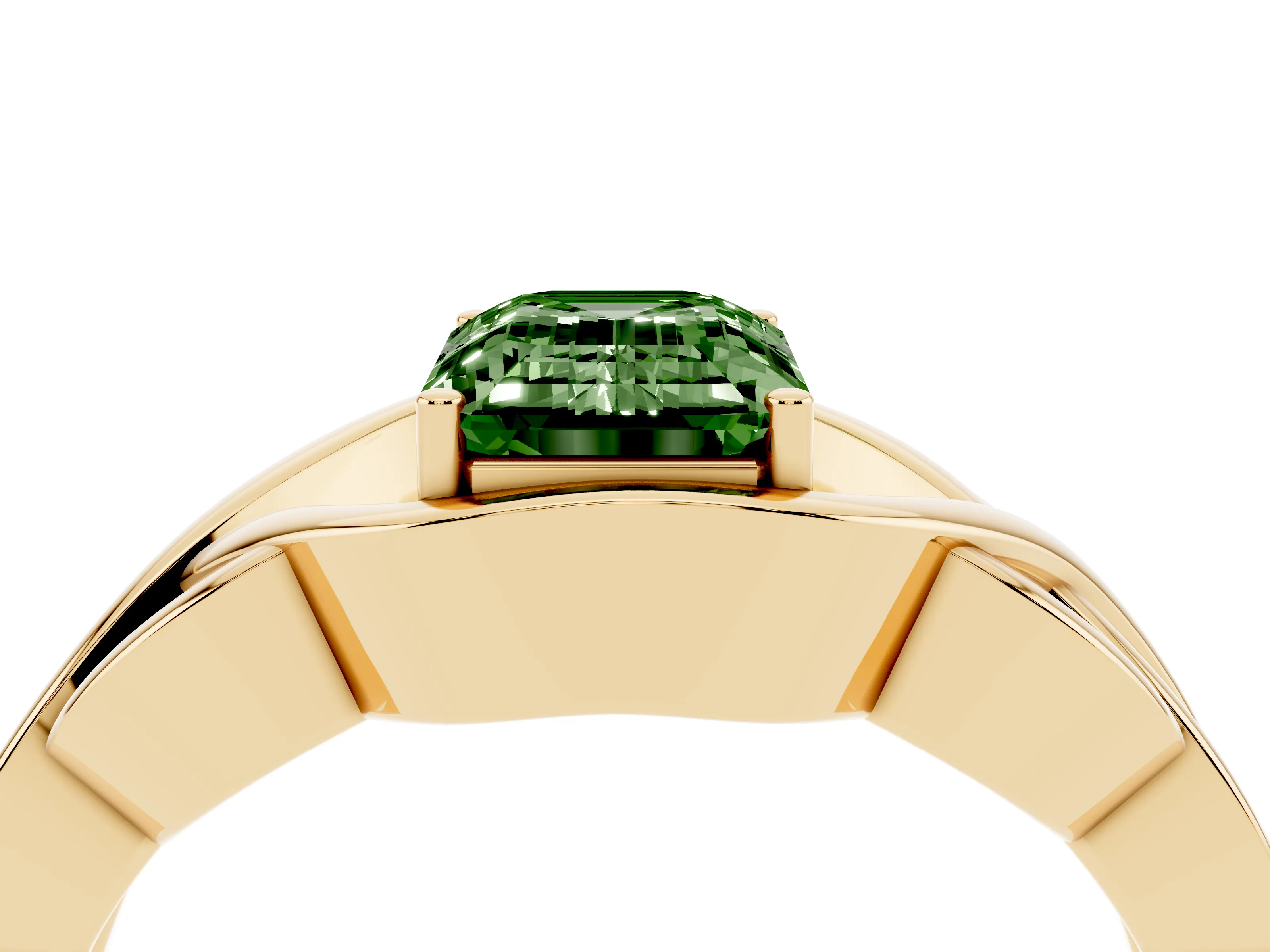 Fancy Green Emerald Cut Diamond Solitaire Ring Set in Yellow gold with Intertwined Band