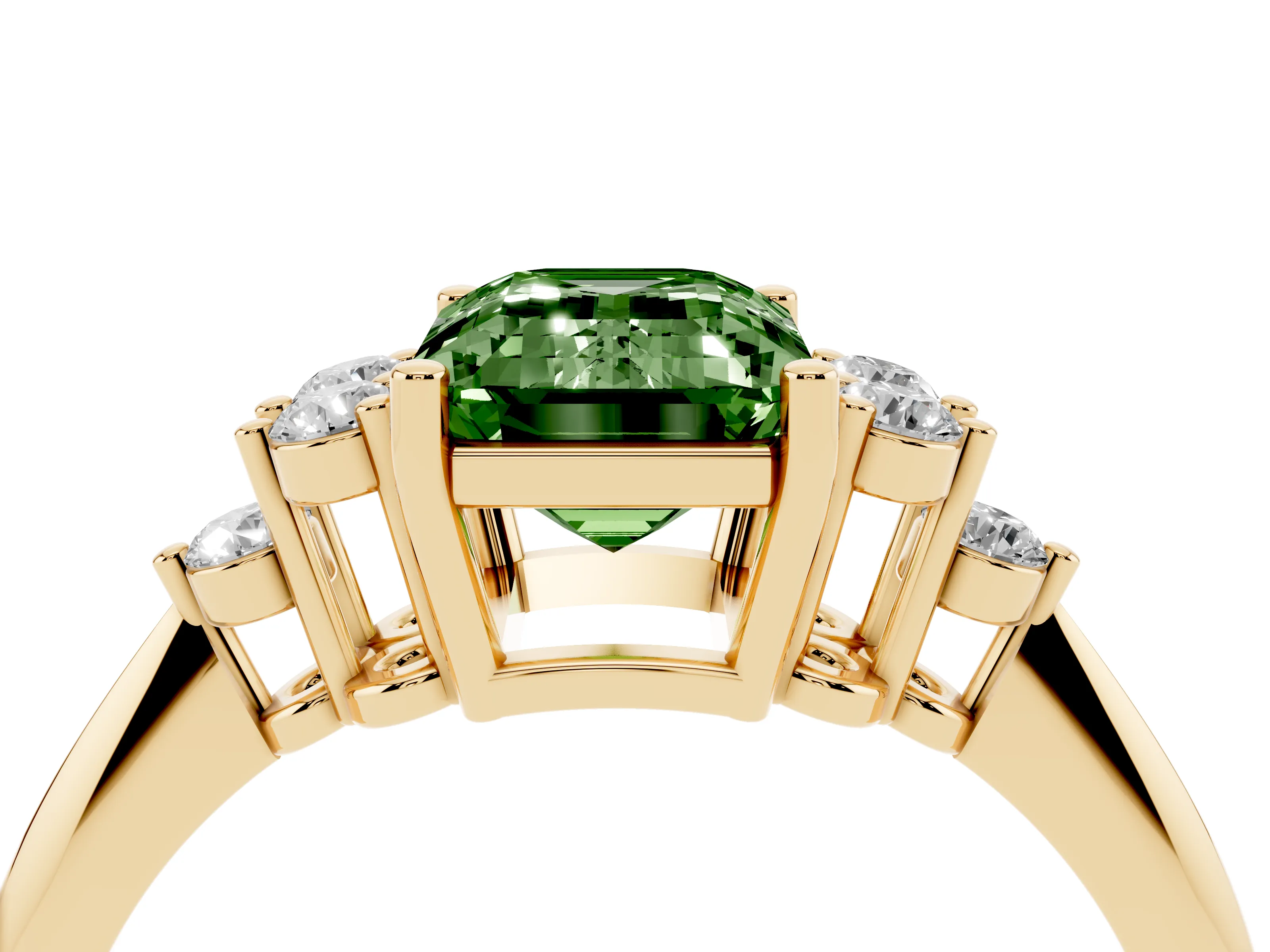 Fancy Green Emerald Cut Diamond Cluster Ring Set in Yellow gold with Plain Band and Prong Setting