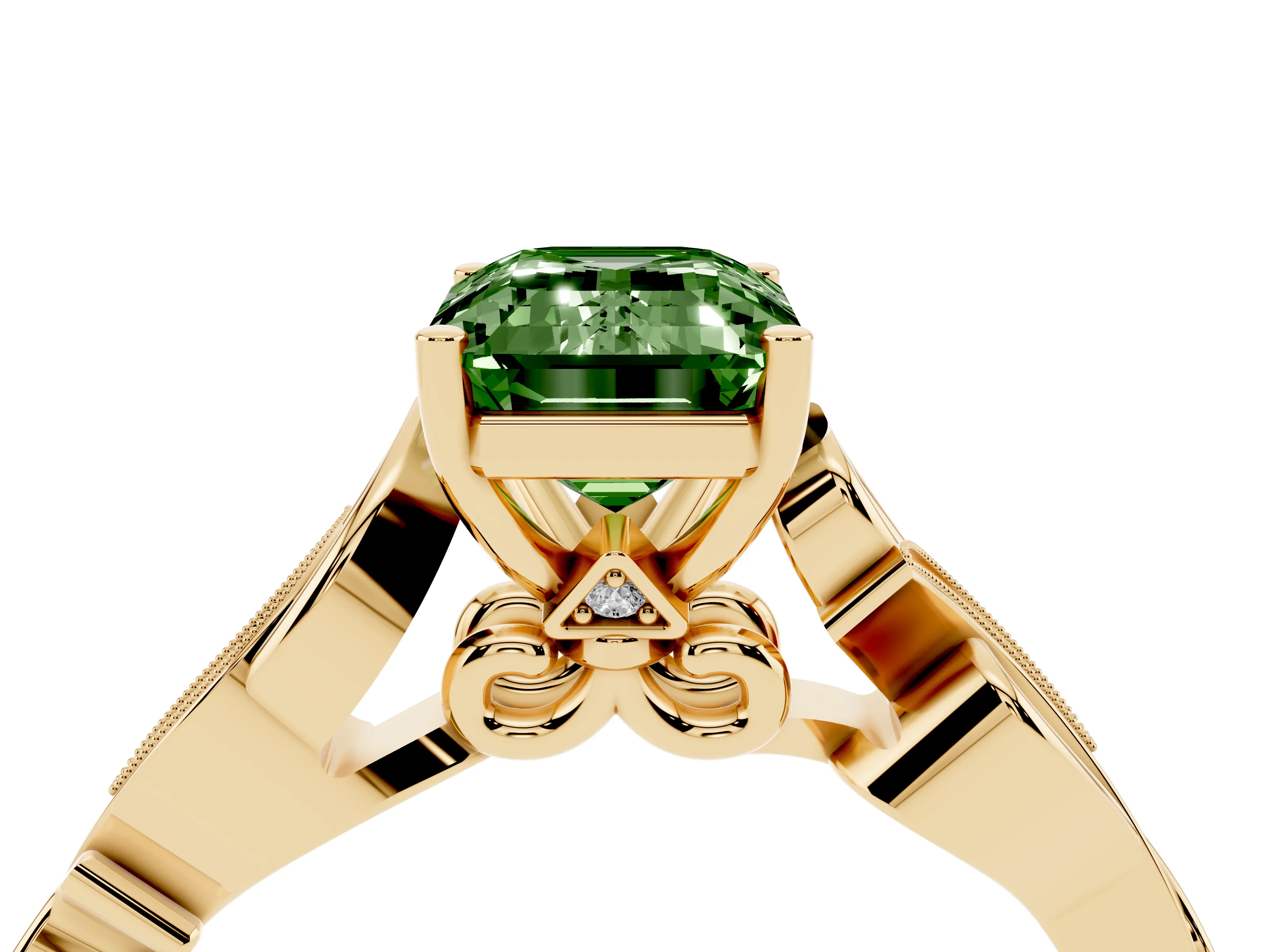 Fancy Green Emerald Cut Diamond Vine Band Solitaire Ring Set in Yellow gold with Milgrain Prong Setting
