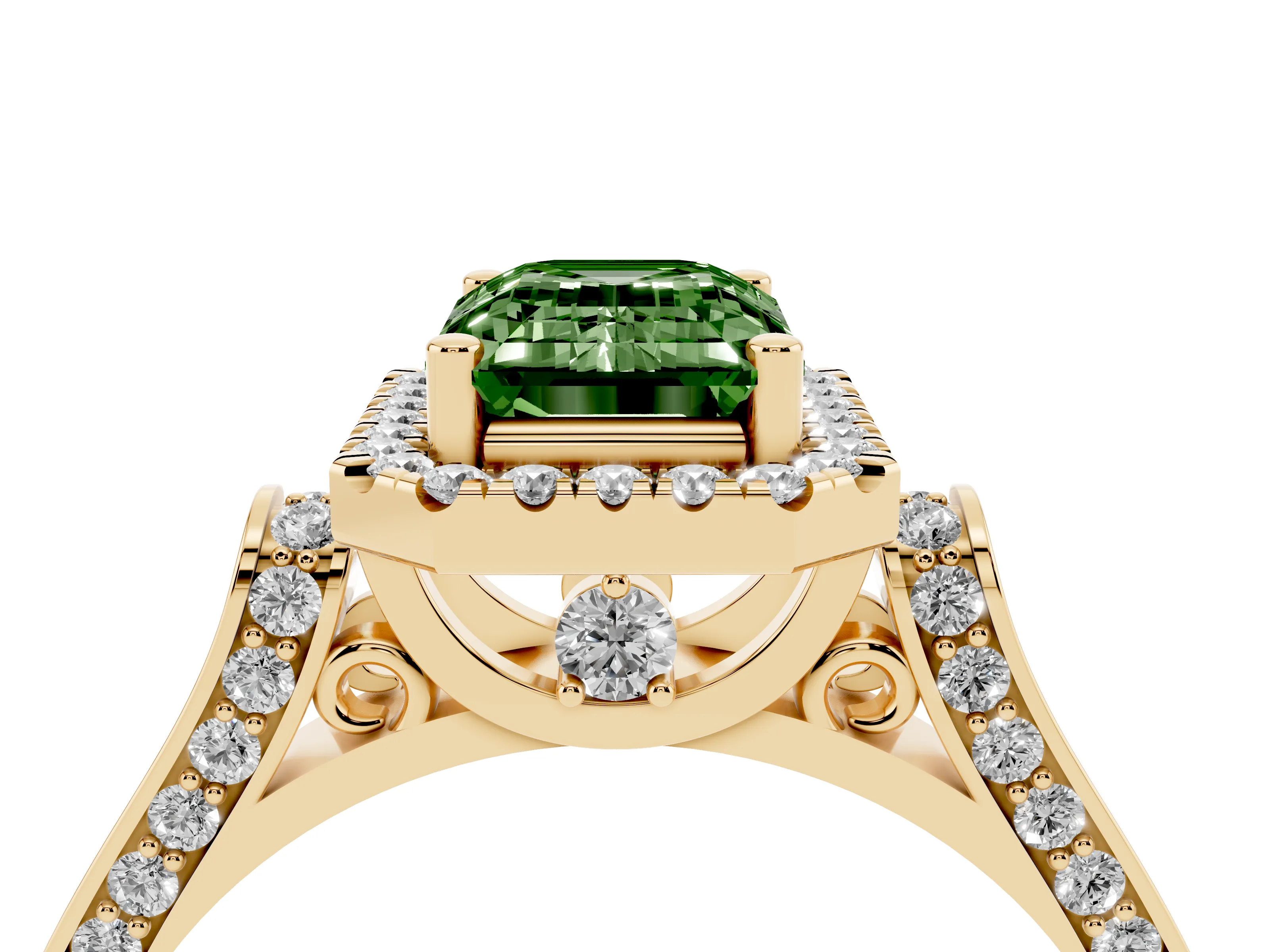 Fancy Green Emerald Cut Diamond Halo Ring Set in Yellow gold with Pavé-Lined Split Shank Band