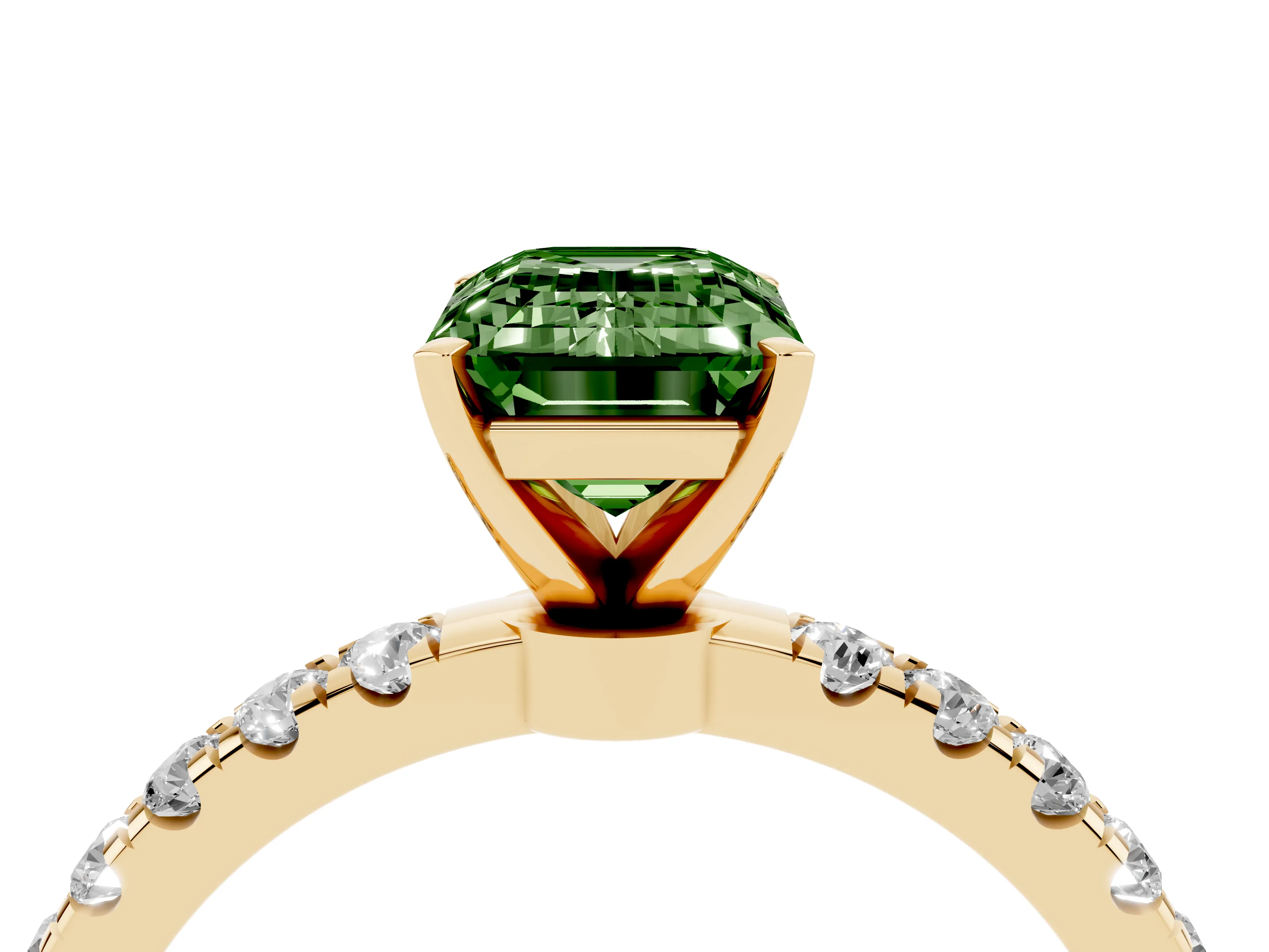 Fancy Green Emerald Cut Diamond Solitaire Ring Set in Yellow gold with Pavé Accents and Prong Setting