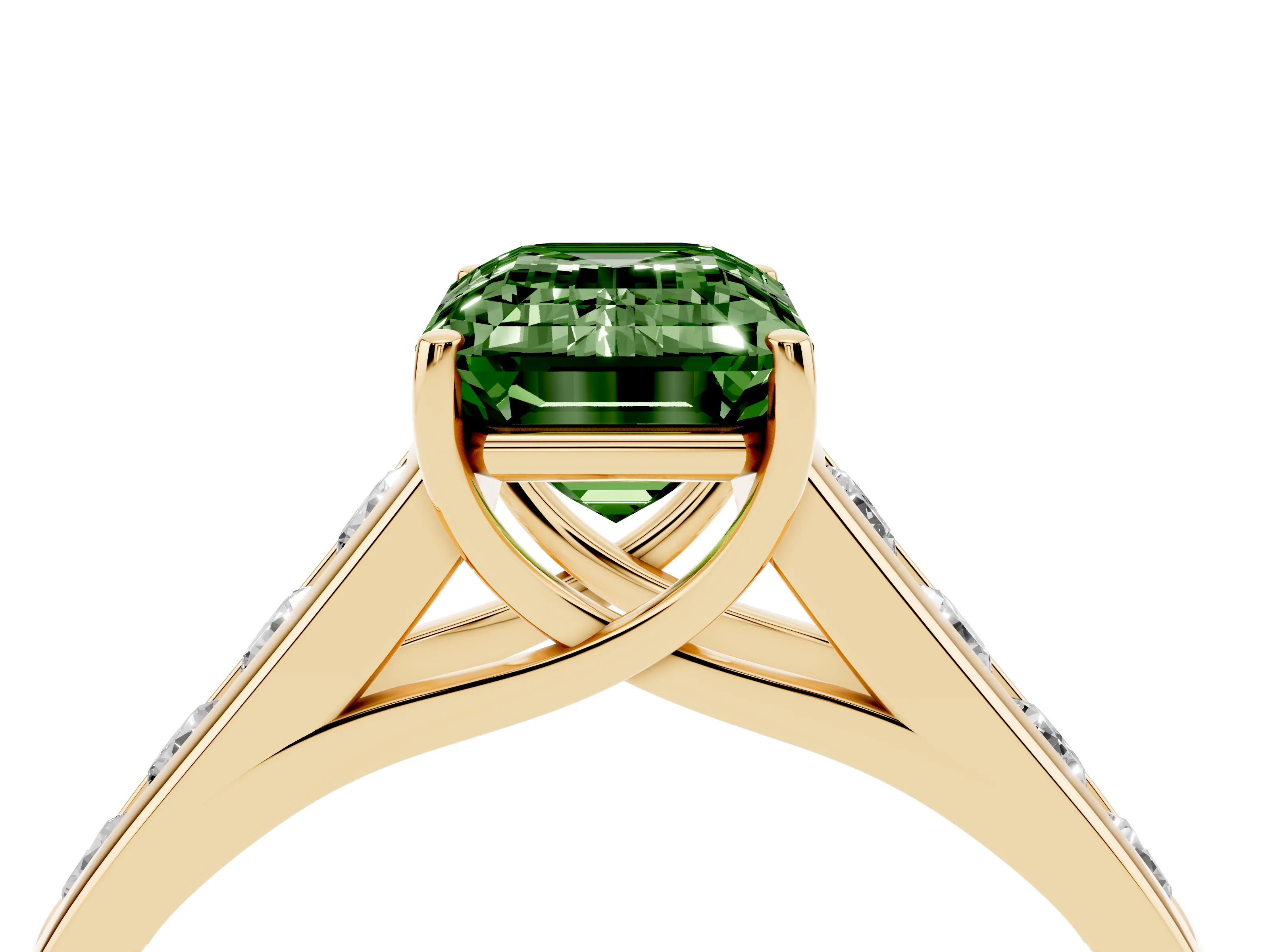Fancy Green Emerald Cut Diamond Solitaire Channel-Set Engagement Ring Set in Yellow gold with Prong Setting