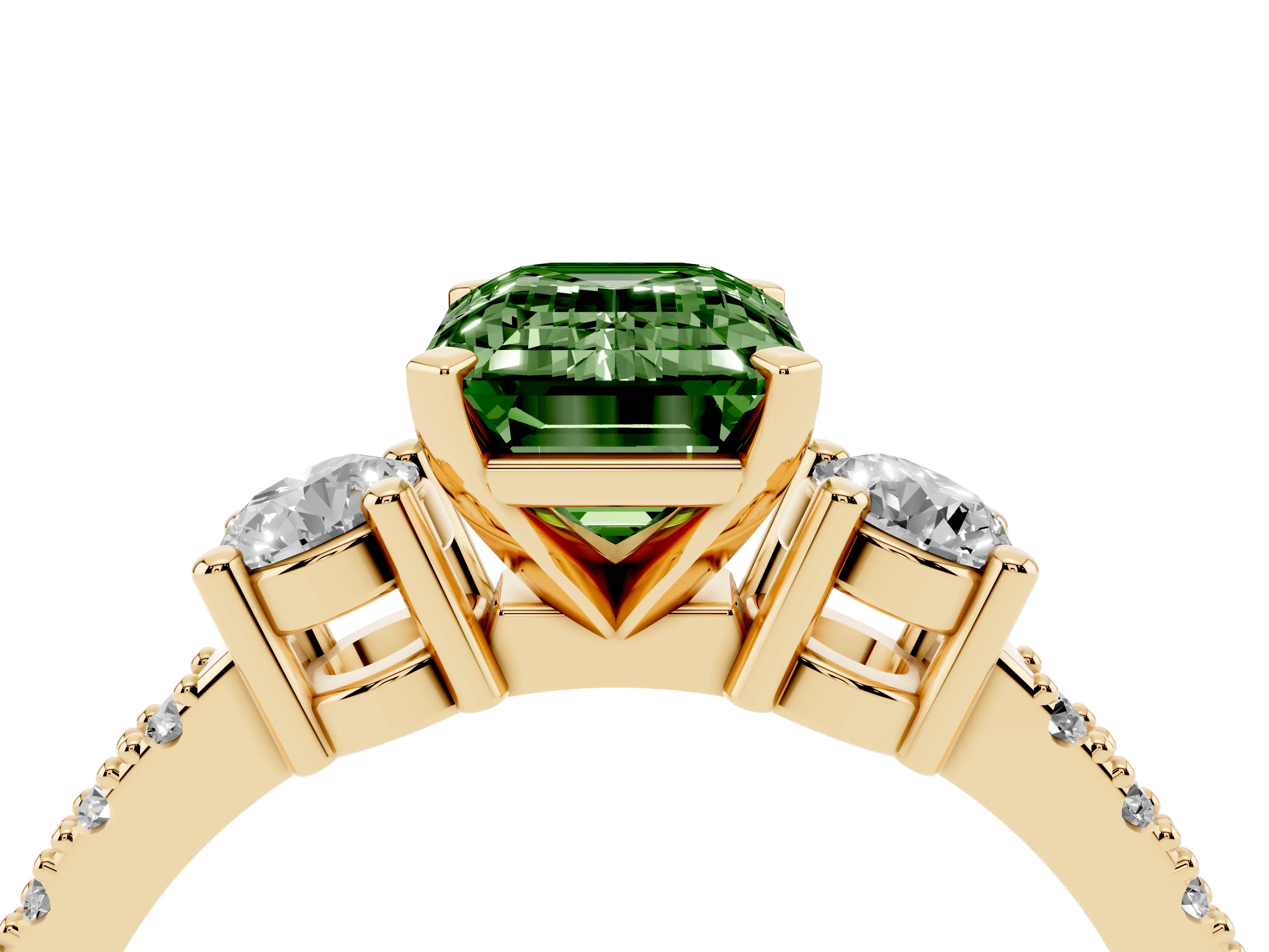 Fancy Green Three-Stone Emerald Cut Diamond Pavé Band Ring Set in Yellow gold with Prong Setting