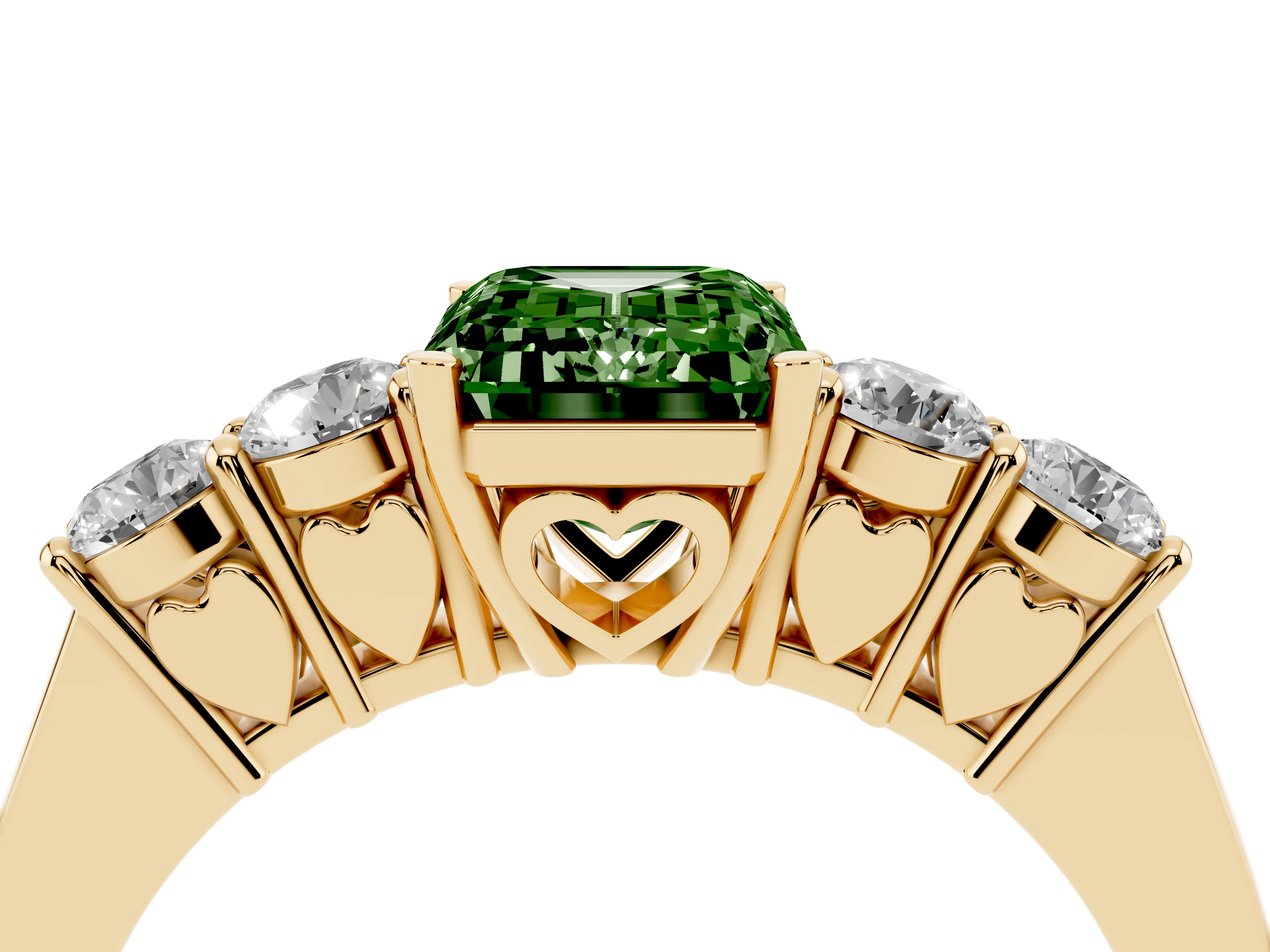 Fancy Green Emerald Cut Diamond Five-Stone Prong Set Band Ring Set in Yellow gold with Polished Band