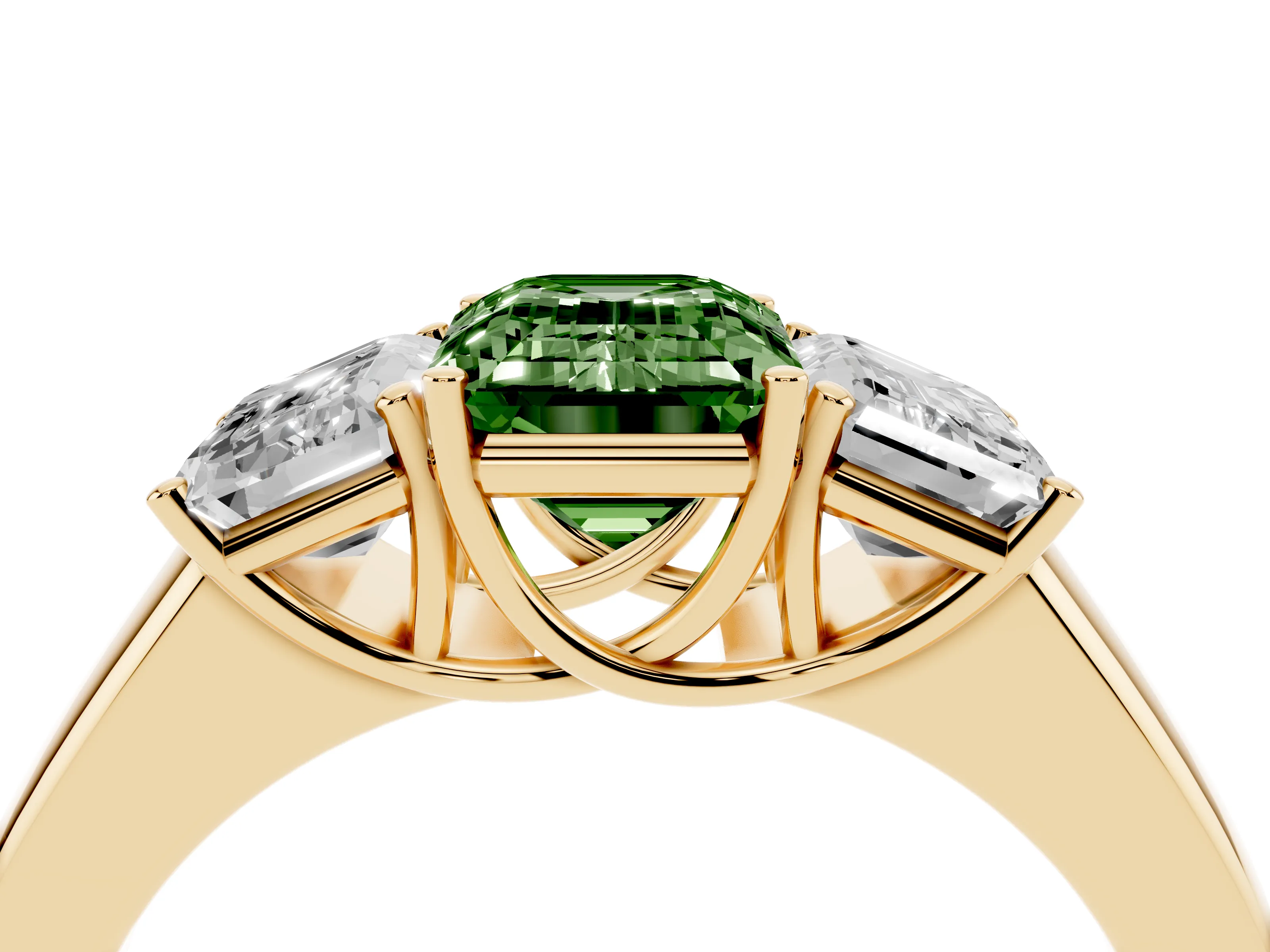 Fancy Green Three-Stone Emerald Cut Diamond Ring Set in Yellow gold with Matching Prong Settings and Plain Band