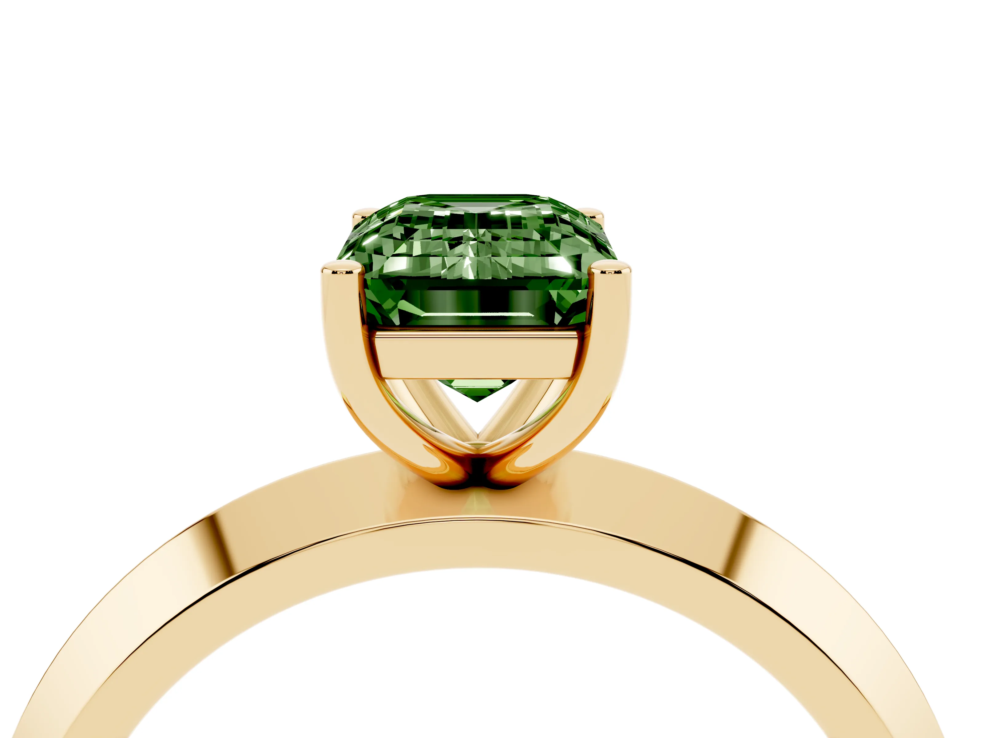 Fancy Green Emerald Cut Diamond Solitaire Engagement Ring Set in Yellow gold with Flat Band and Prong Setting