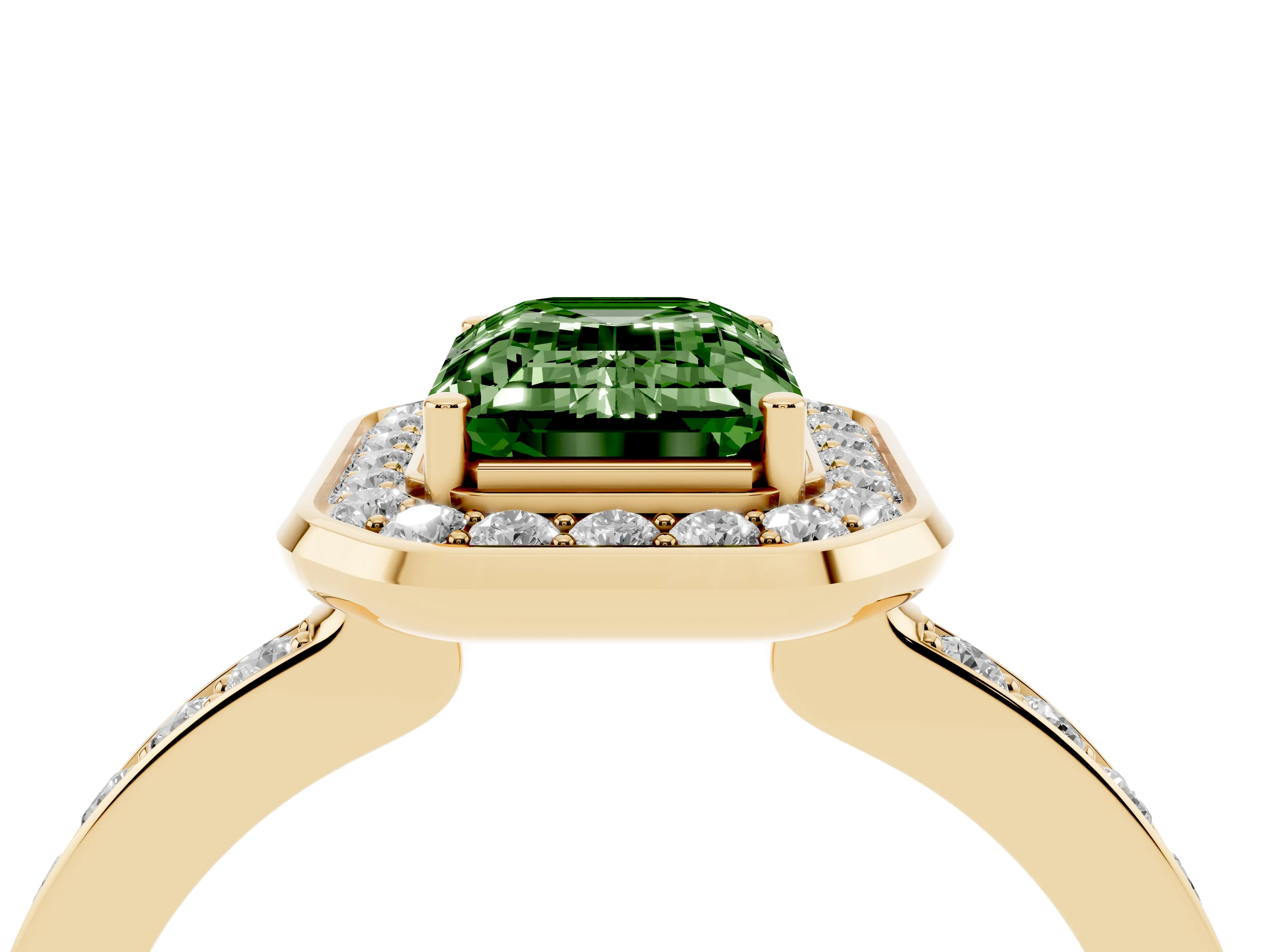Fancy Green Emerald Cut Diamond Halo Ring Set in Yellow gold with Bezel Frame and Pavé Band