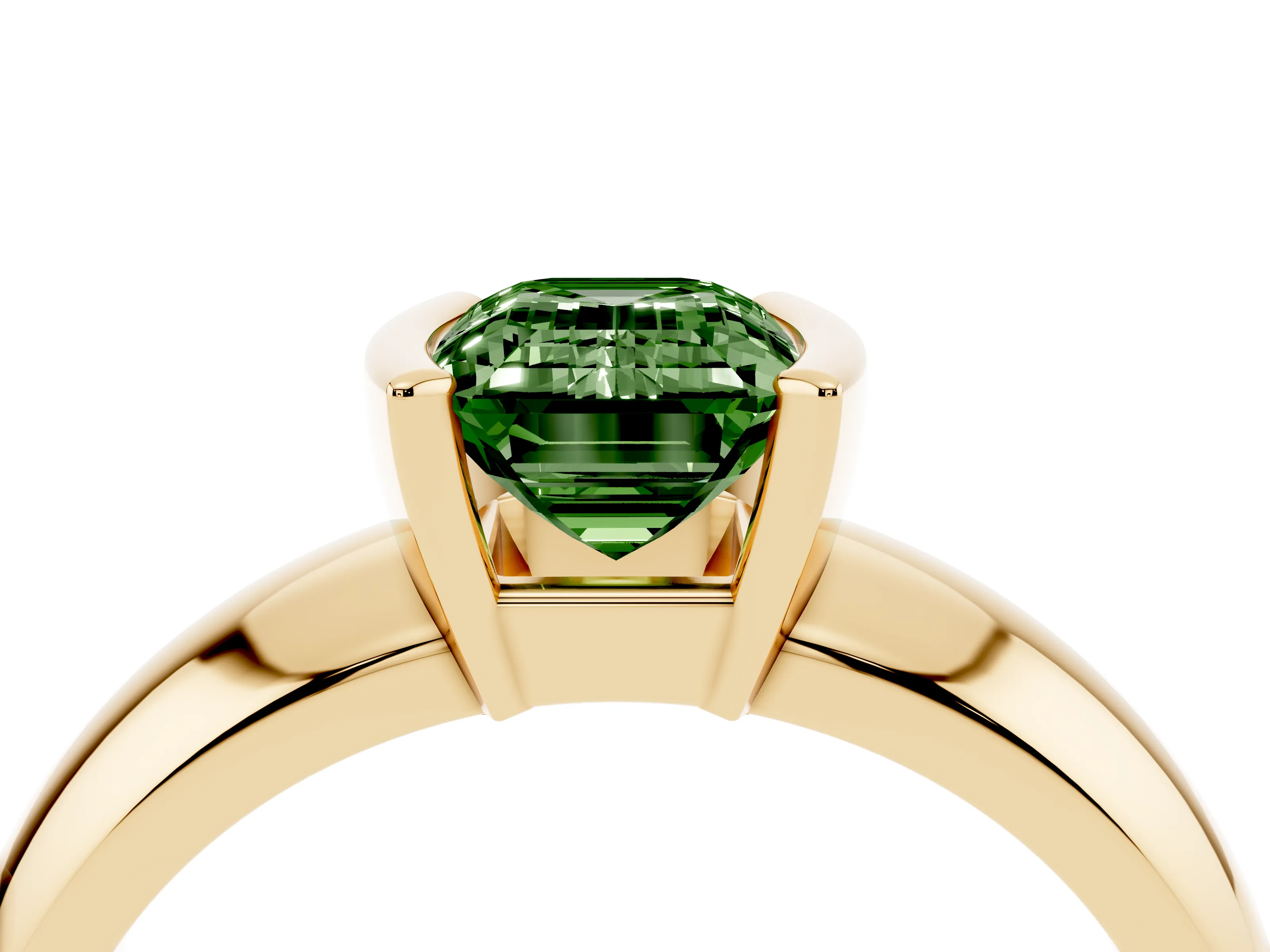 Fancy Green Emerald Cut Diamond Solitaire Tension Set Ring Set in Yellow gold with Wide Band