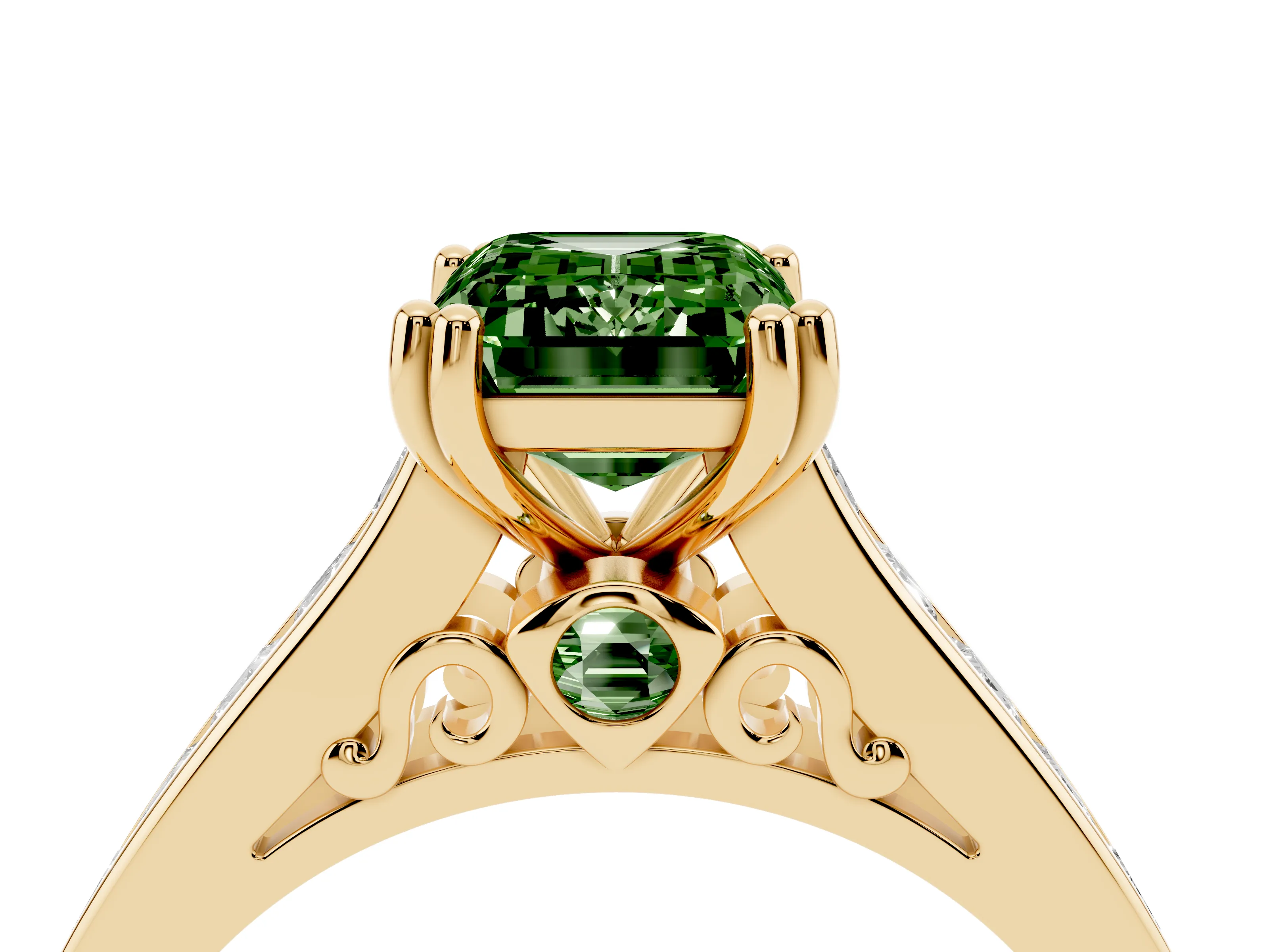 Fancy Green Emerald Cut Diamond Channel Set Solitaire Engagement Ring Set in Yellow gold with Prong Setting