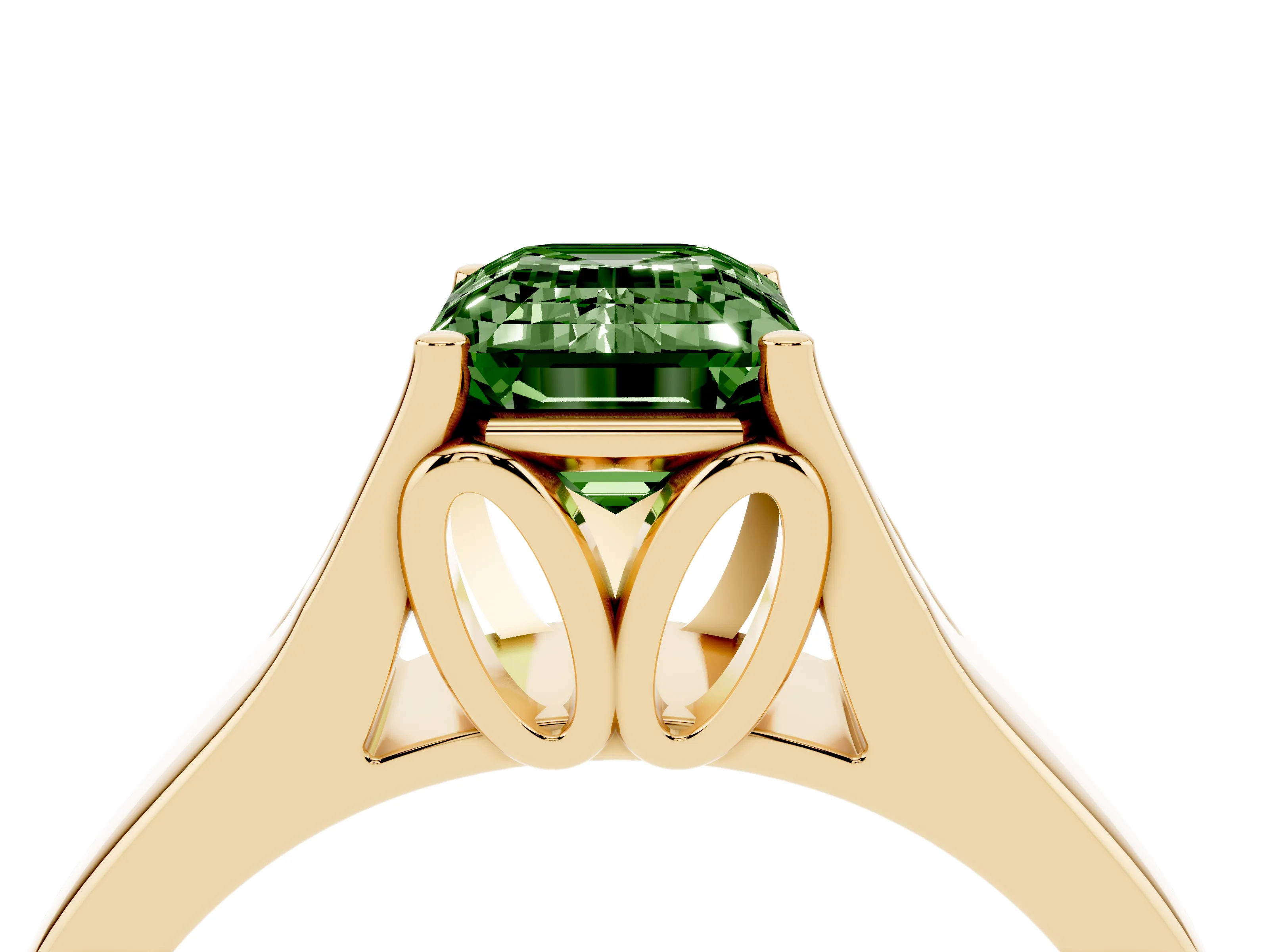 Fancy Green Emerald Cut Diamond Solitaire Ring Set in Yellow gold with Arched Cathedral Band and Prong Setting