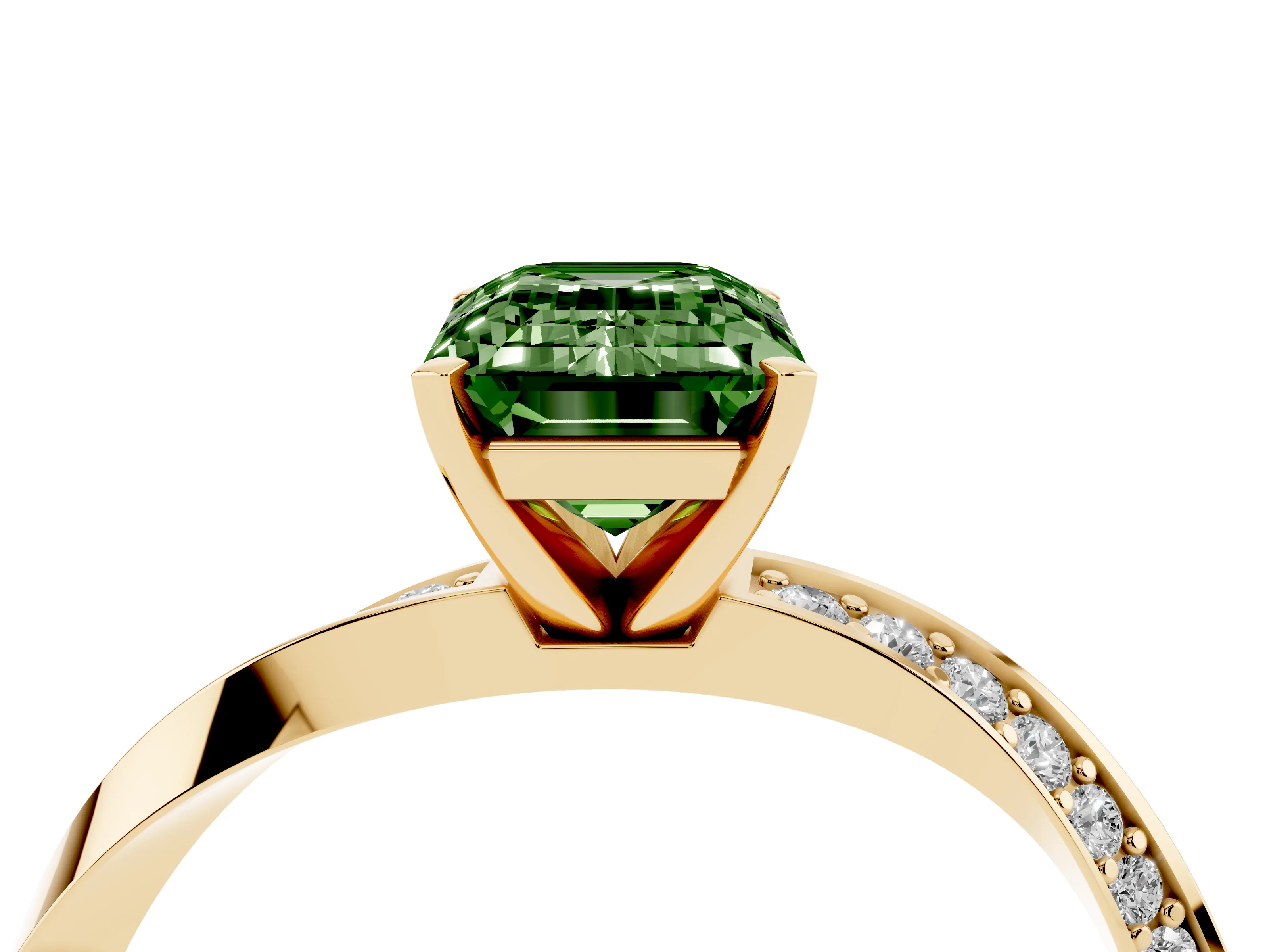 Fancy Green Emerald Cut Diamond Engagement Ring Set in Yellow gold with Side Stone Accents and Prong Setting