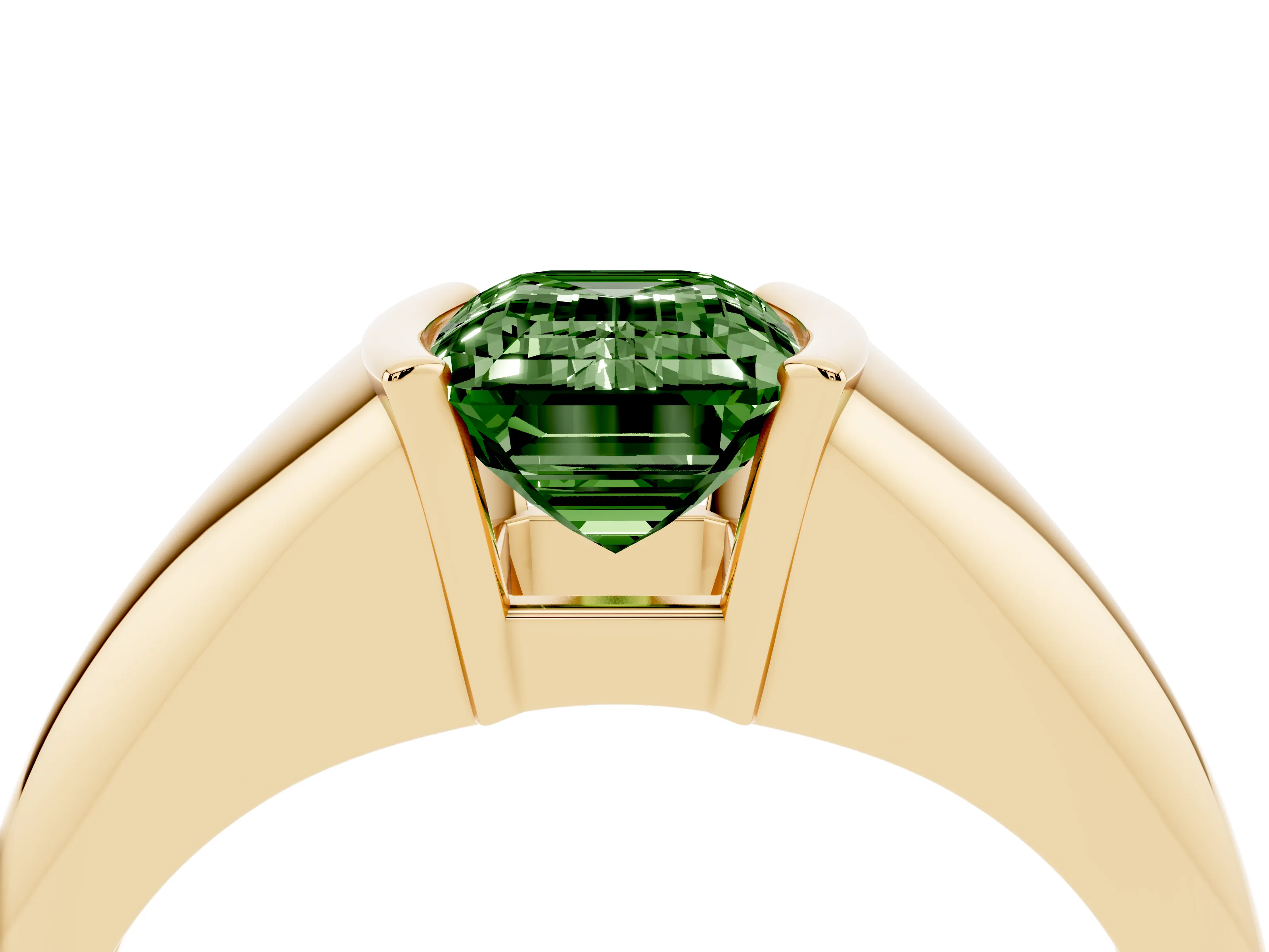 Fancy Green Emerald Cut Diamond Solitaire Tension Set Ring Set in Yellow gold
