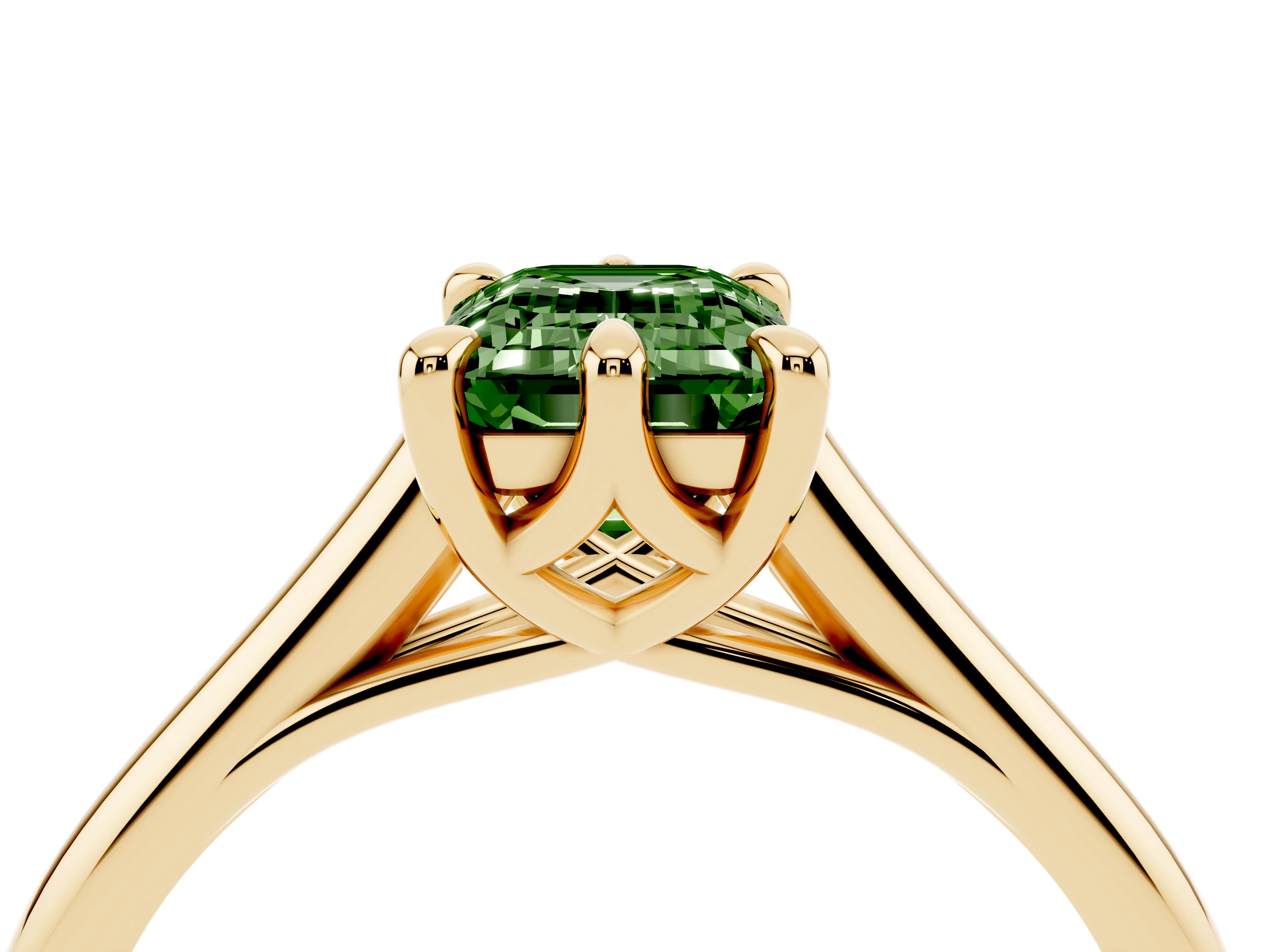 Fancy Green Emerald Cut Diamond Solitaire Engagement Ring Set in Yellow gold with Prong Setting and Plain Classic Band