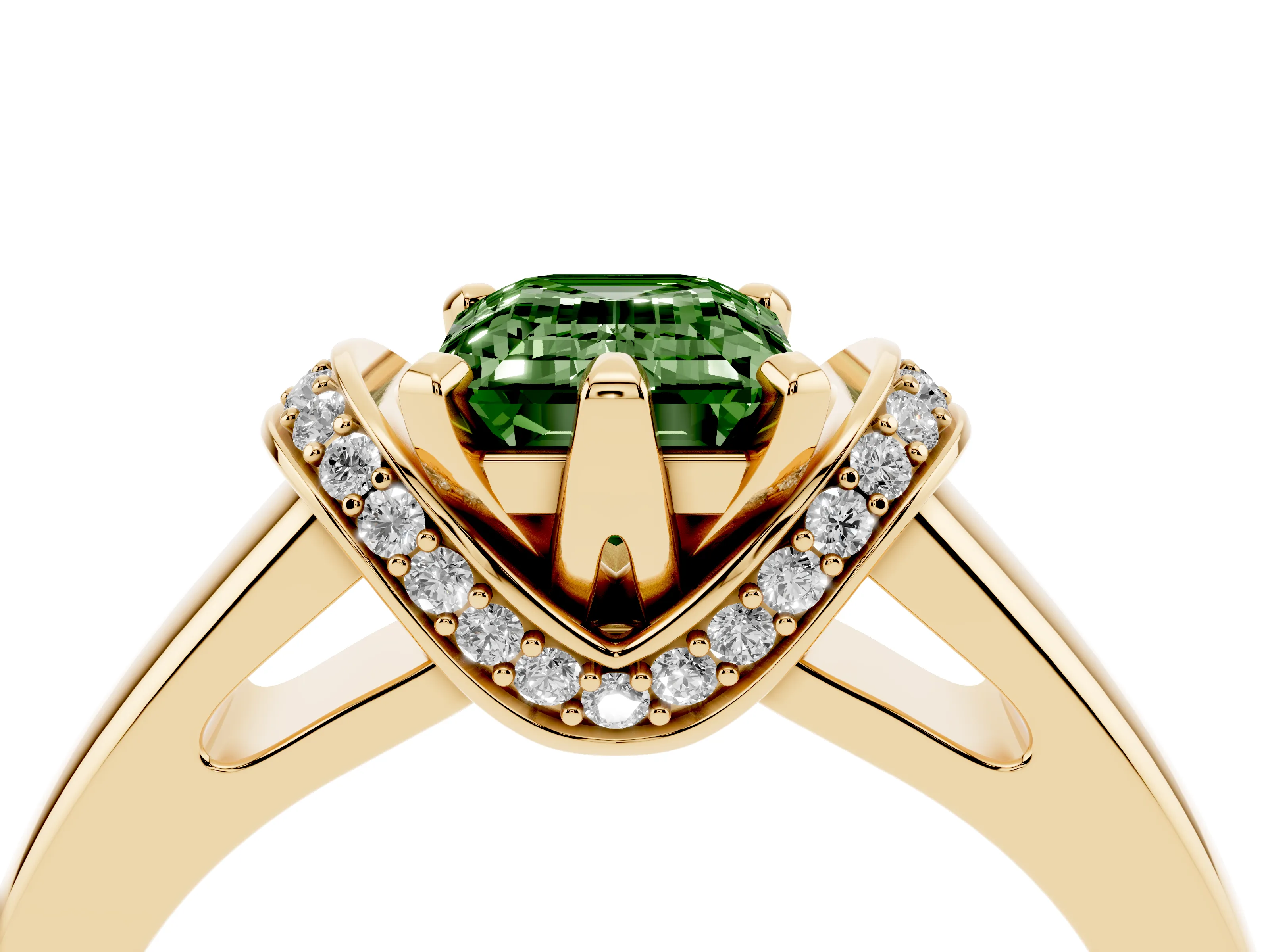 Fancy Green Emerald Cut Diamond Pavé Band Solitaire Ring Set in Yellow gold with Prong Setting
