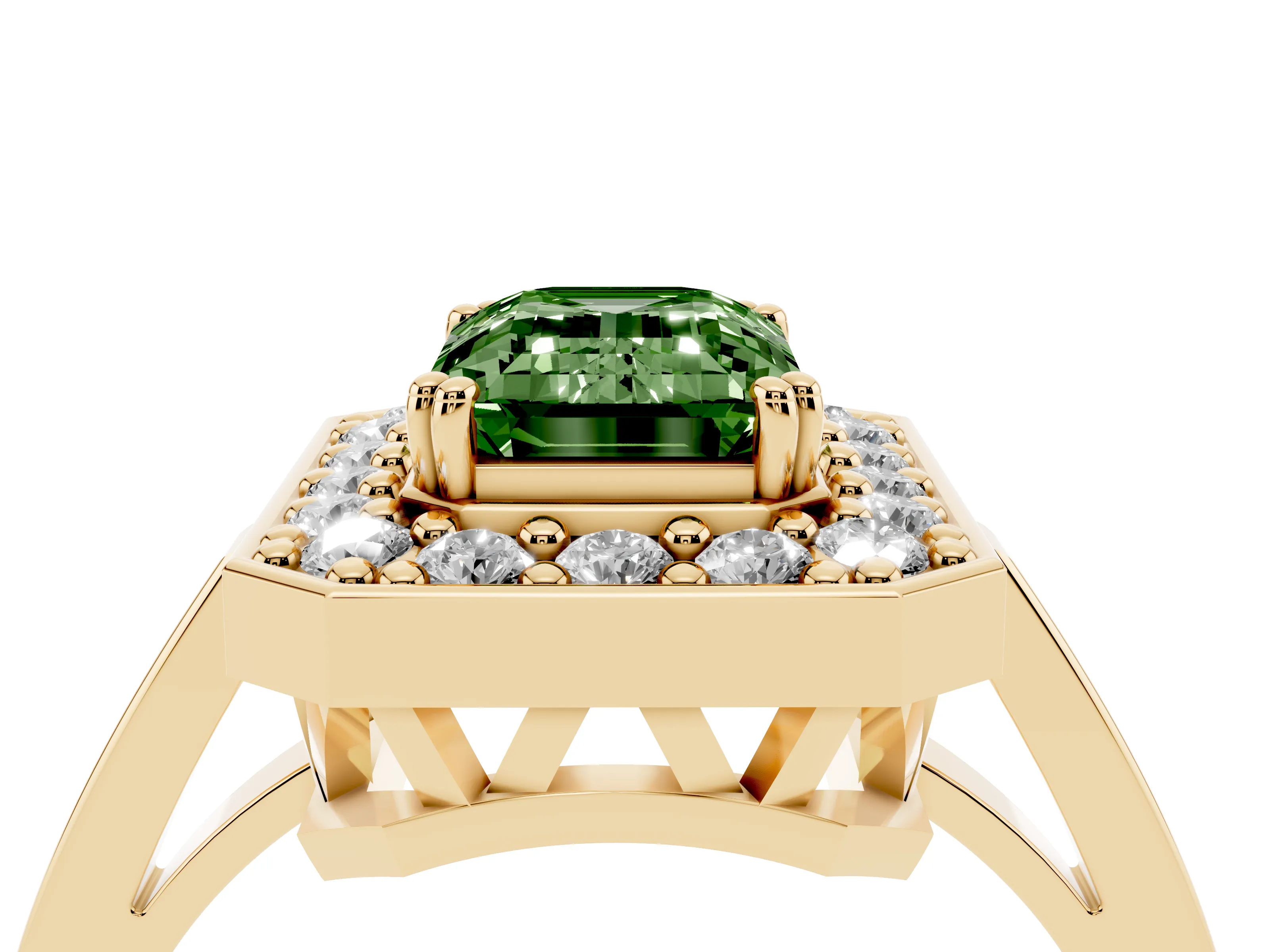 Fancy Green Emerald Cut Diamond Halo Ring Set in Yellow gold with Accent-Lined Split Shank and Prong Setting